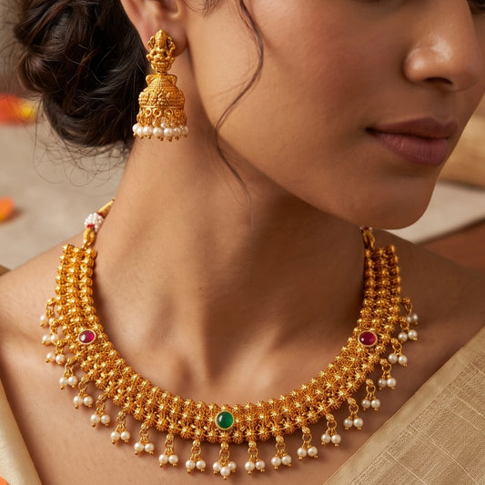 A close-up of a woman wearing an ornate gold-toned traditional beaded necklace with dangling pearl-like beads, red and green stone accents, and matching dangling earrings.