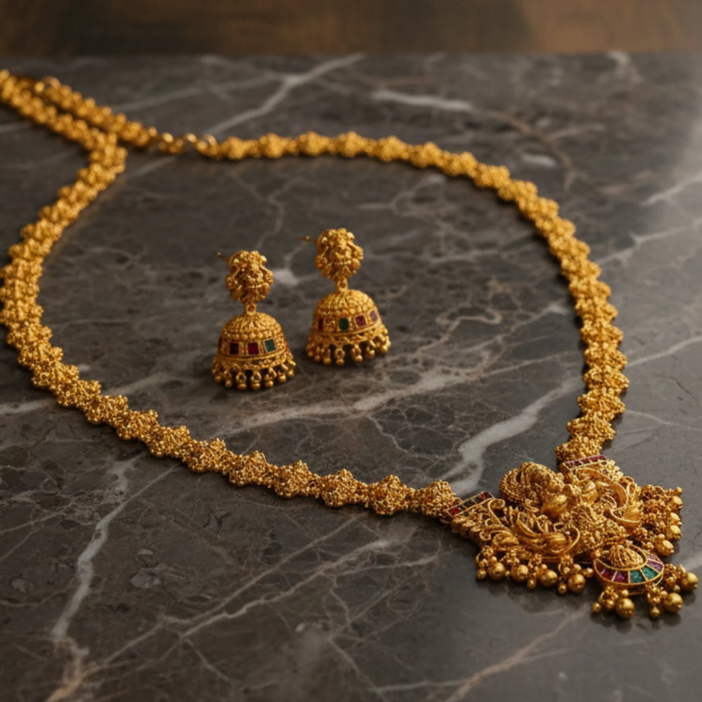 Closeup Shot of Antique Finish temple Lakshmi haram with matching earrings