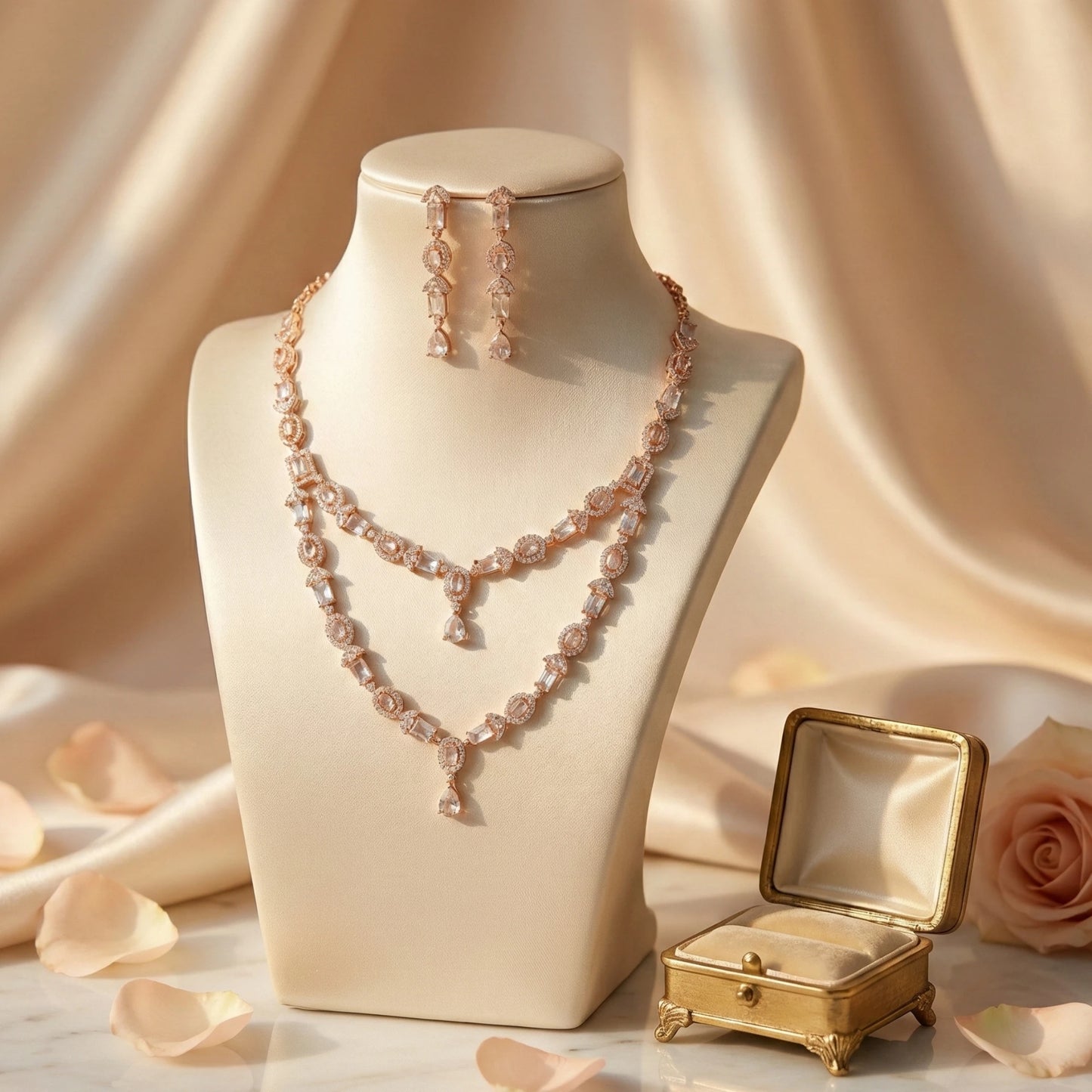 White/Clear AD Stone necklace and earrings on a mannequin bust with a gold box and rose petals.