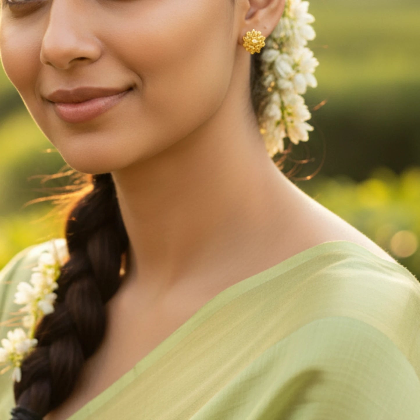 Woman wearing a gold plated indian classic stud earrings and a light green saree with floral hair accessories in a natural setting