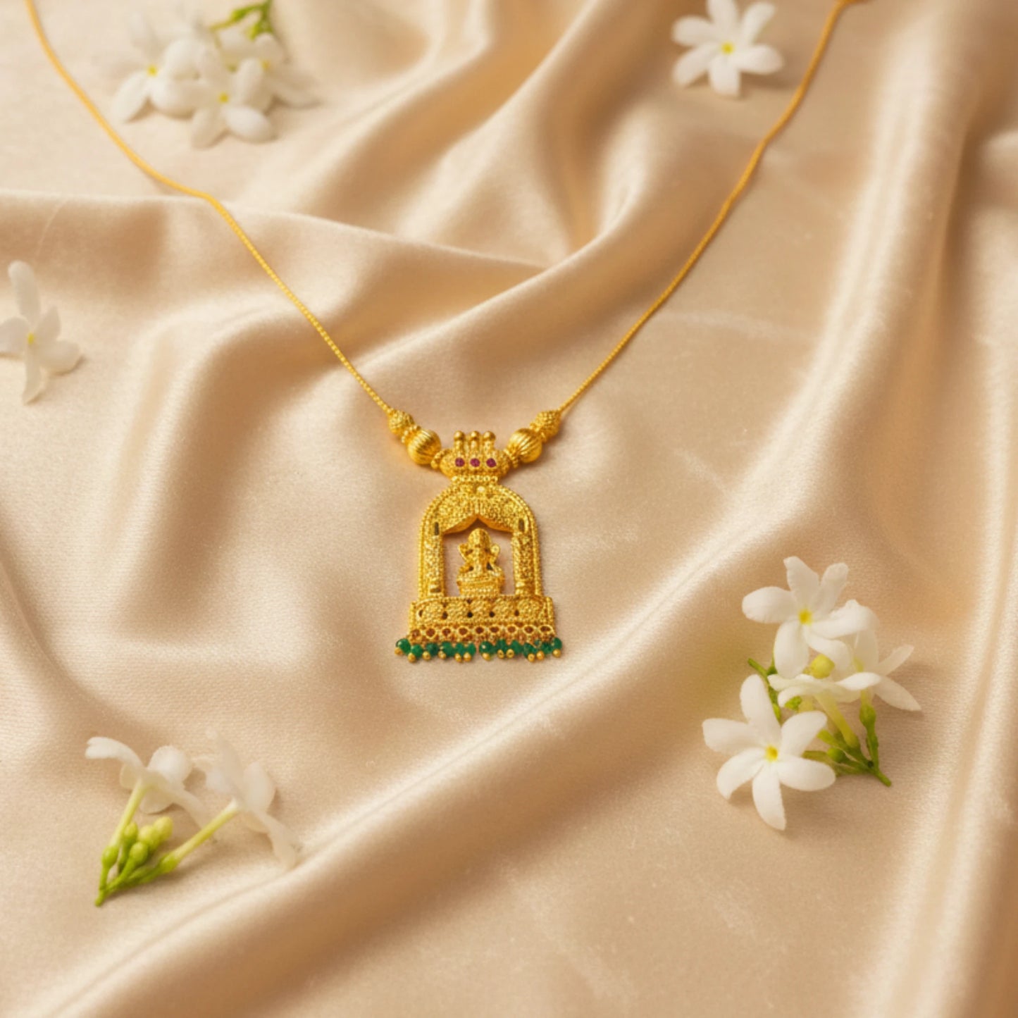 Gold plated necklace with Goddess Lakshmi in a temple arch pendant on a beige fabric background with white flowers.