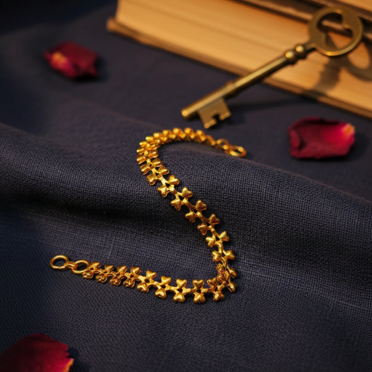 Gold plated bracelet on a dark fabric background with a key and rose petals.