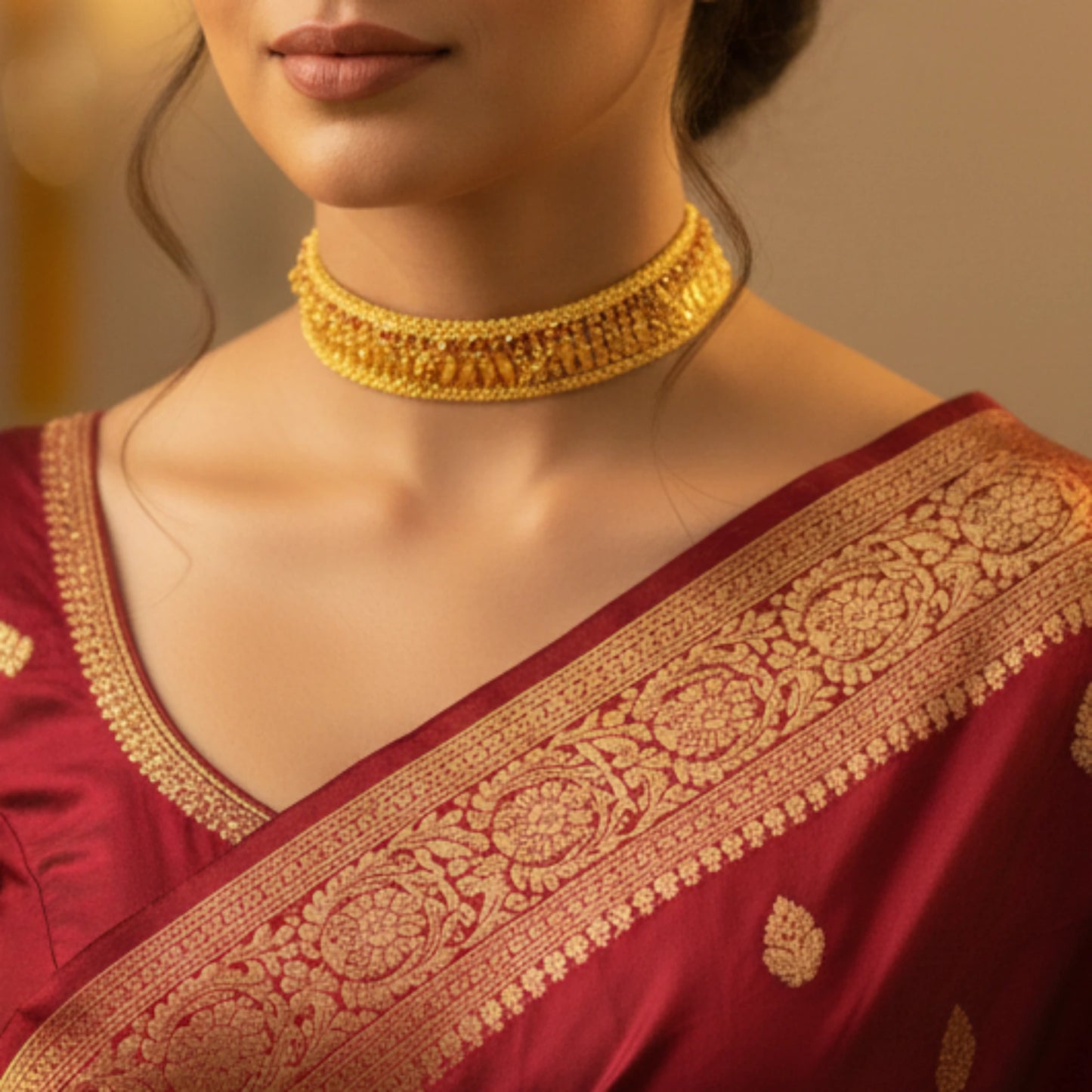 Woman wearing a red saree with gold border and gold plated Elakka Thali necklace against a neutral background