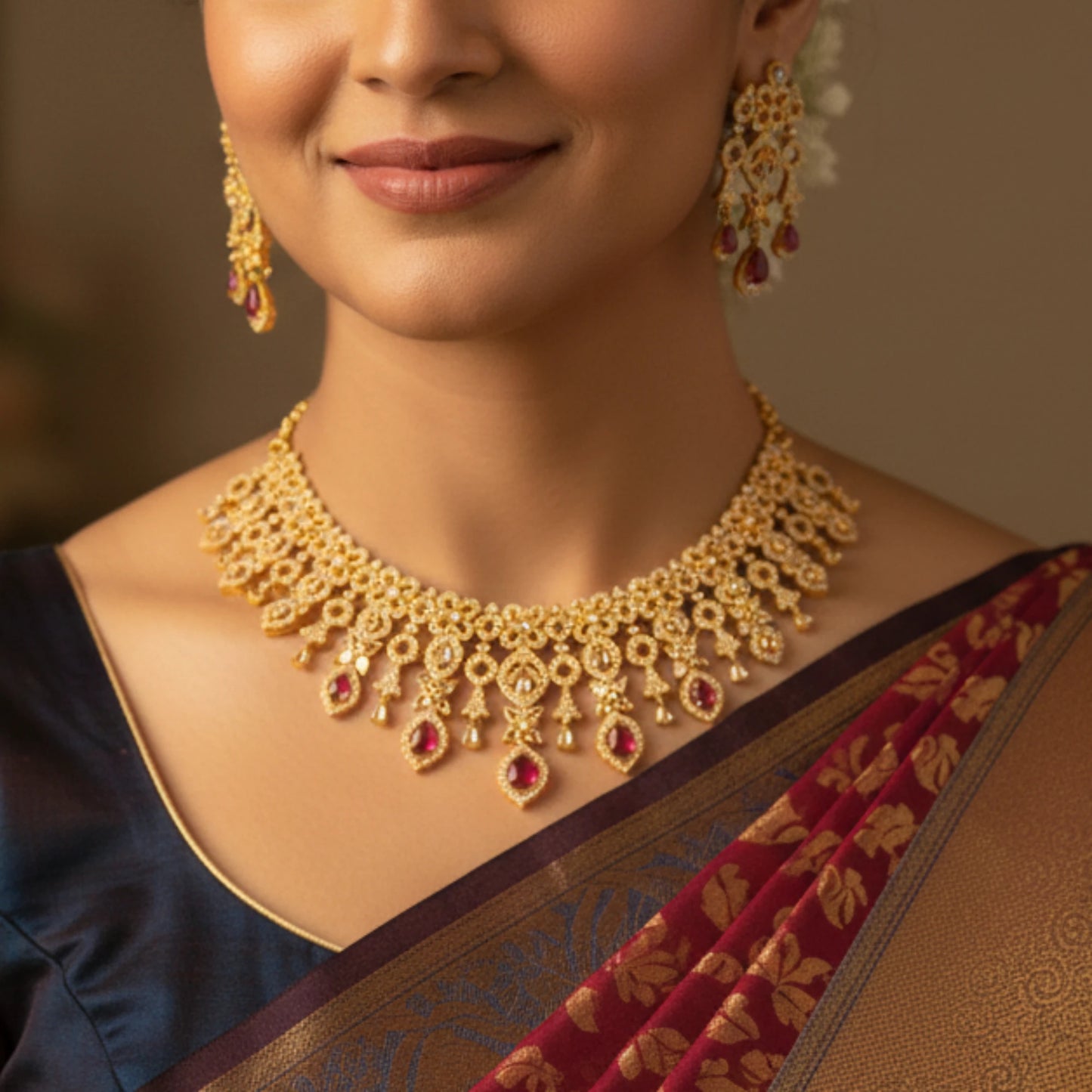 Woman wearing a gold plated Ruby Red necklace and earrings with a blurred background