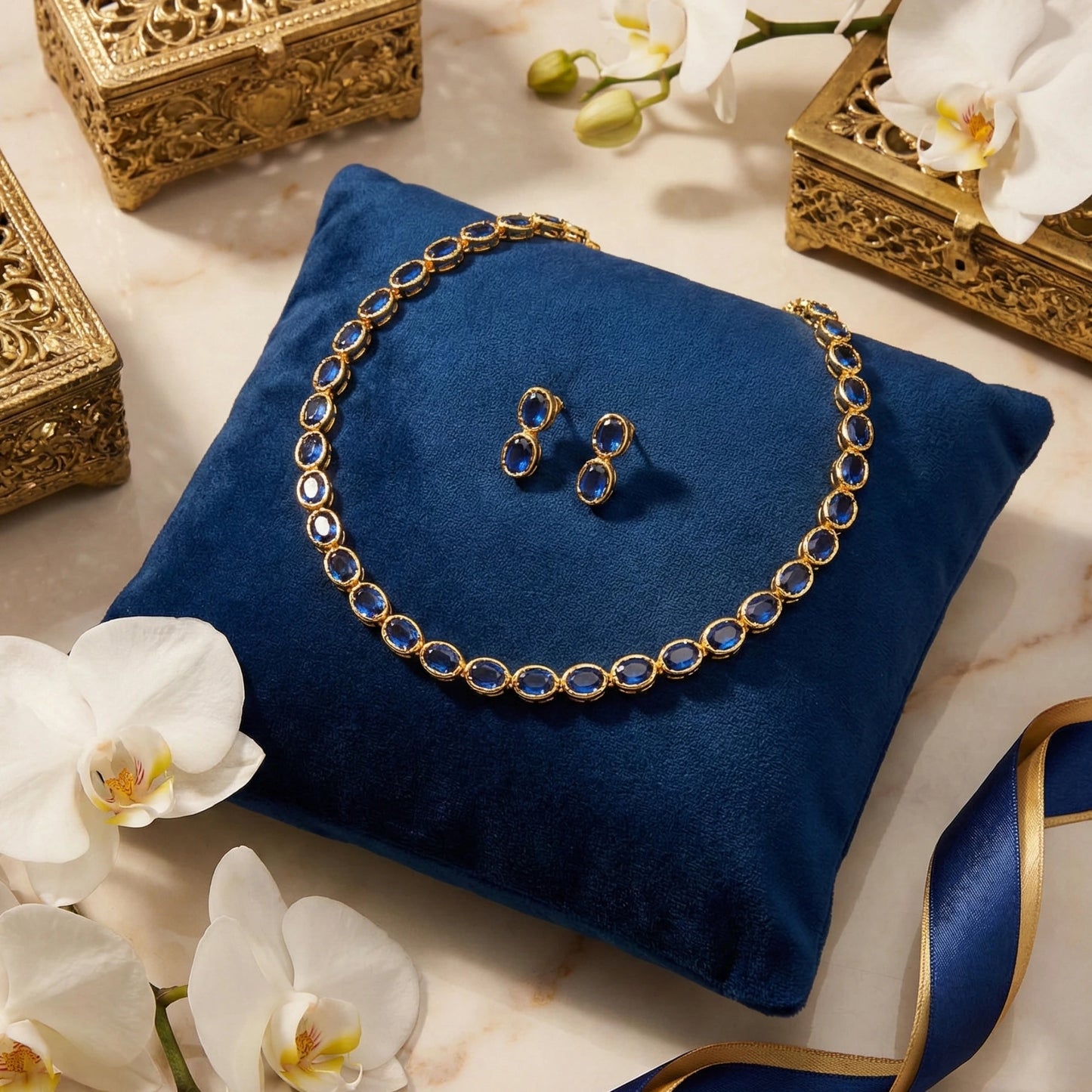 Gold plated necklace and earrings on a blue pillow with white flowers around