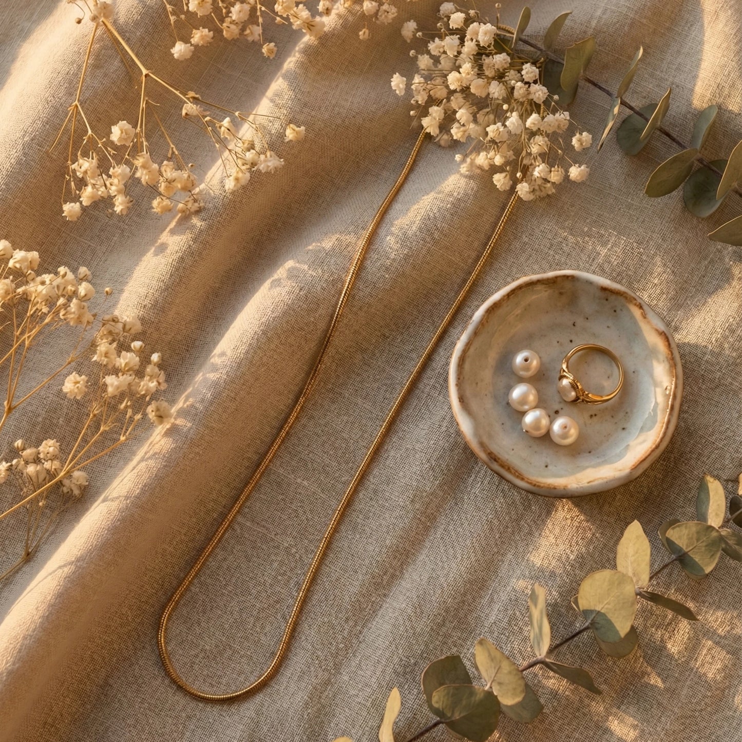Gold Plated Neck Chain Jewelry near a dish with pearls and a ring on a textured surface with dried flowers and leaves.