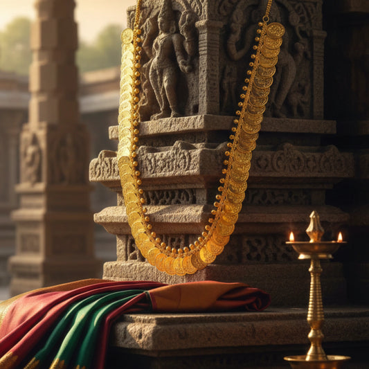 Decorative stone structure with gold plated coin/kasu necklace, colorful fabric, and lit lamp in a temple setting