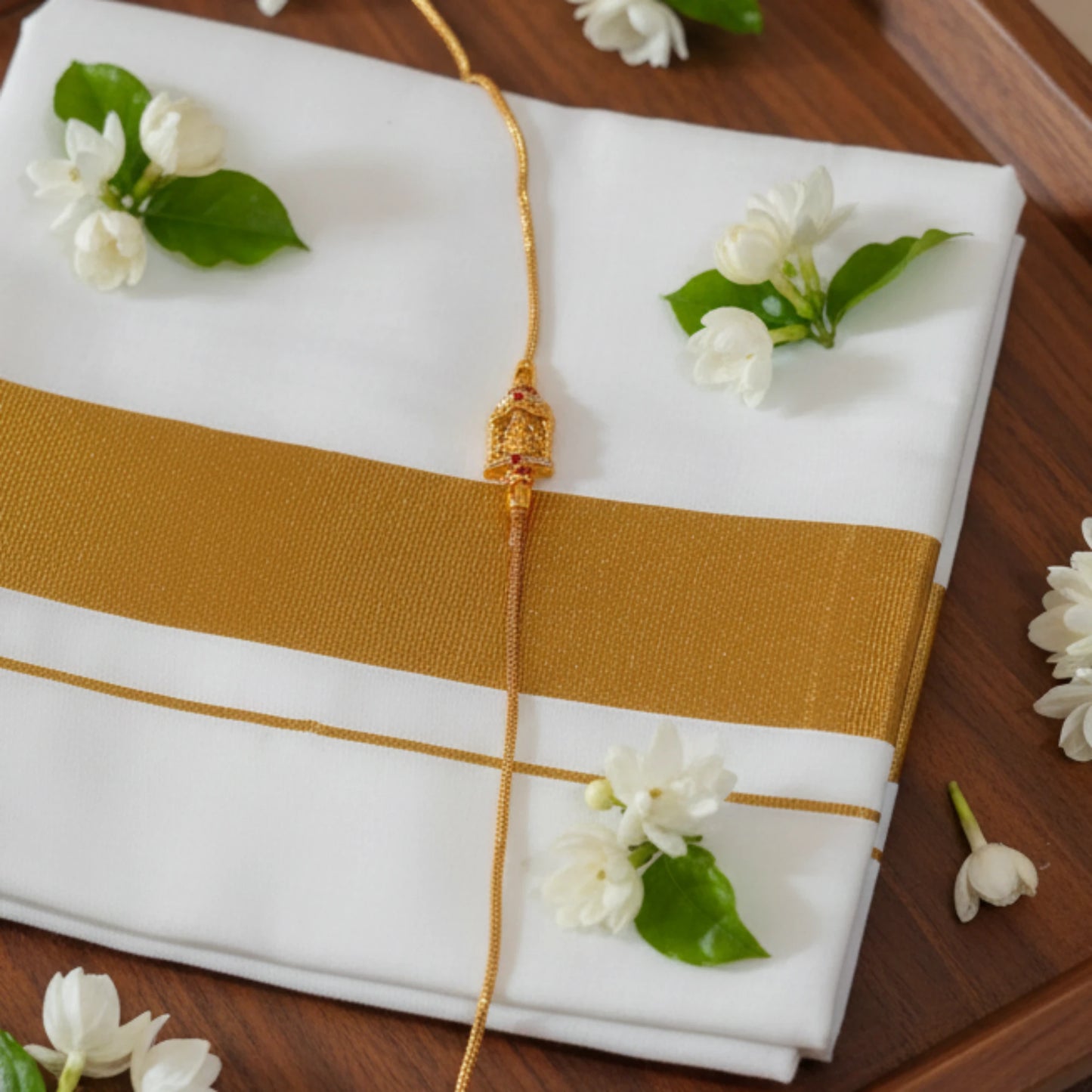 Gold Plated Mugappu chain with Lakshmi motif on a white fabric with gold stripes and floral decorations on a wooden surface