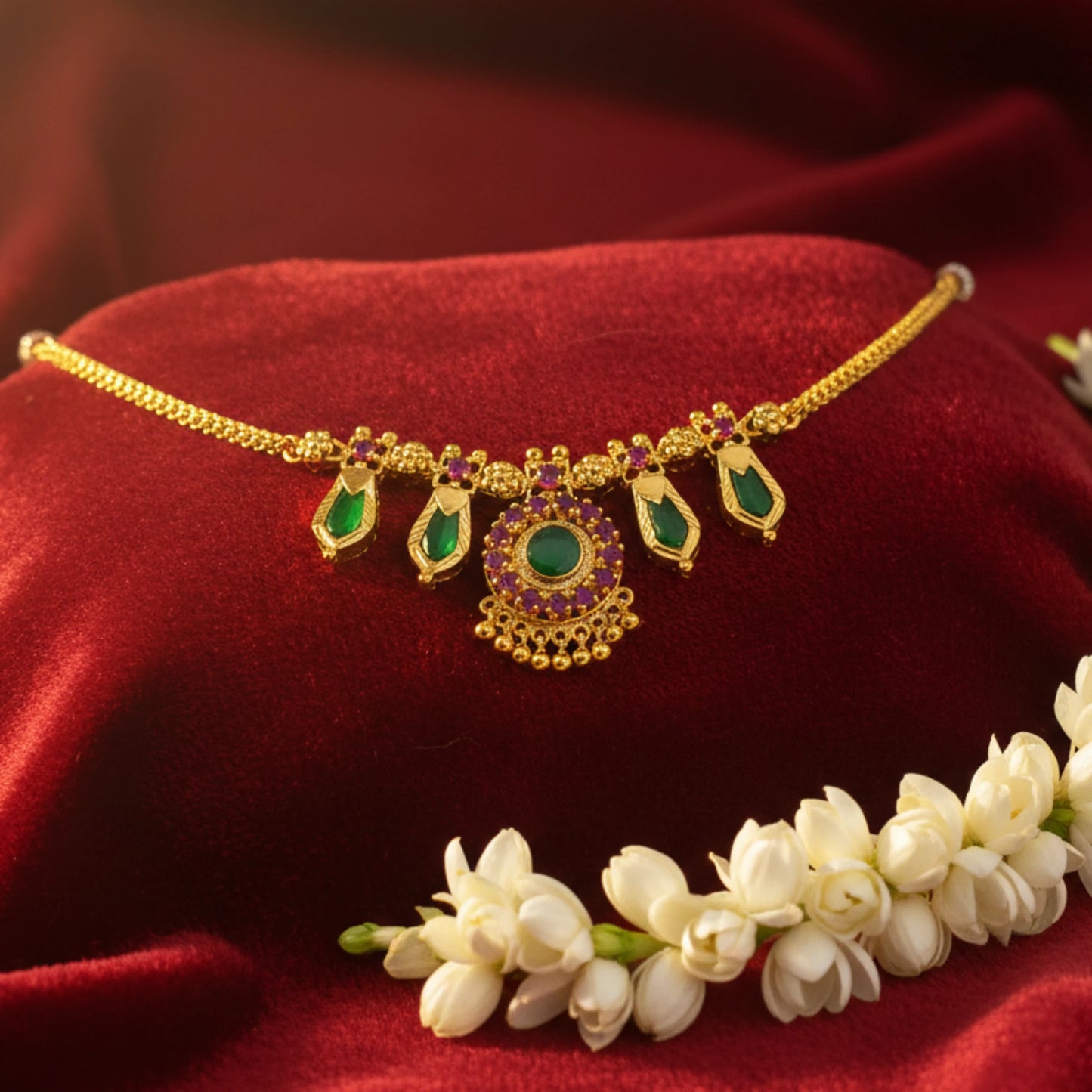 Gold plated choker necklace with green naga padam and ruby red stones on a red fabric background