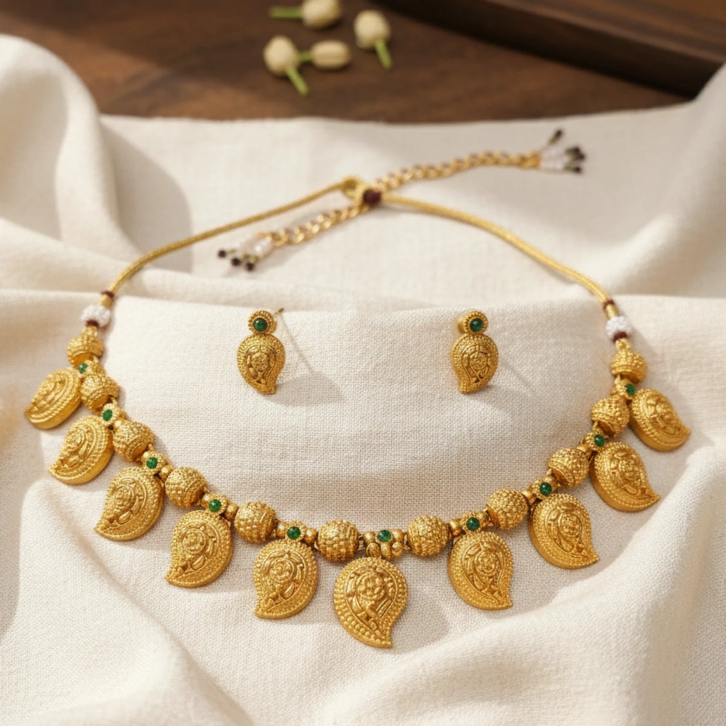 Antique Gold Finish Mango necklace and earrings on a white fabric background