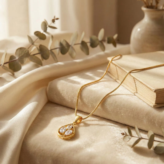 Gold plated neckchain with a teardrop pendant on a soft surface with a book and leaves in the background