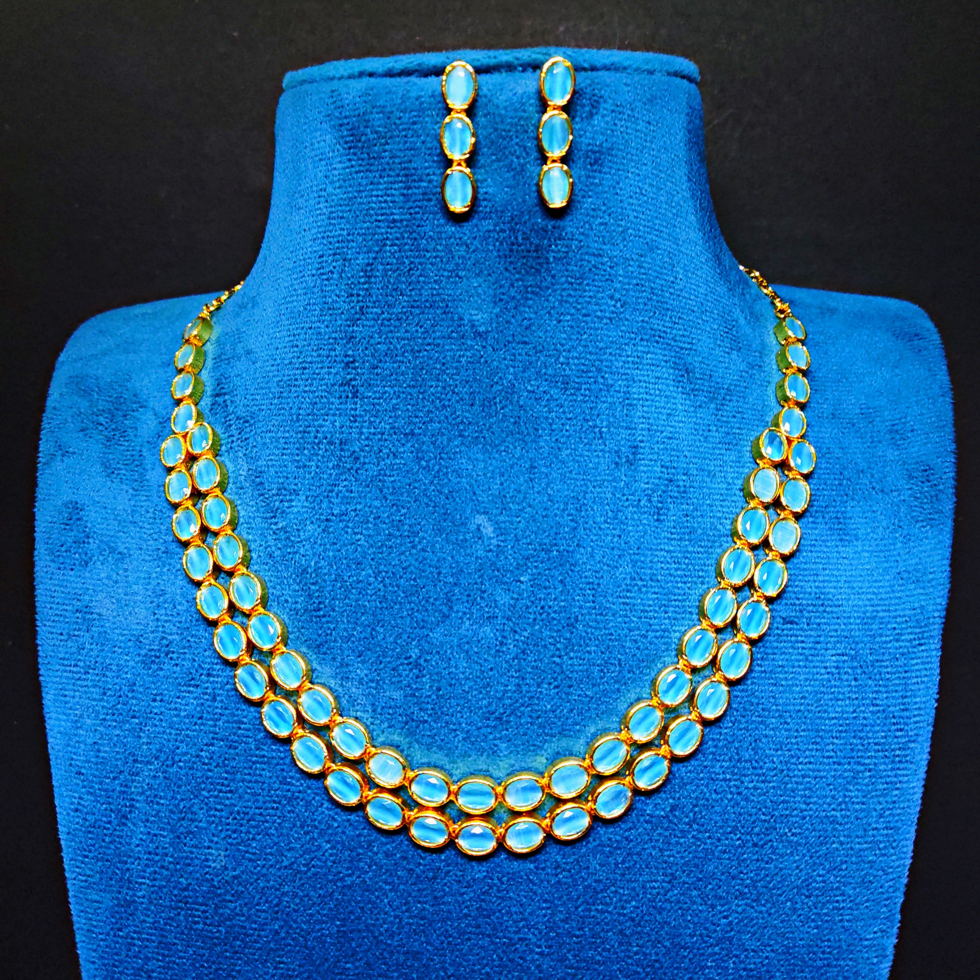 Double Layered Necklace Set with Blue Beads & Earrings