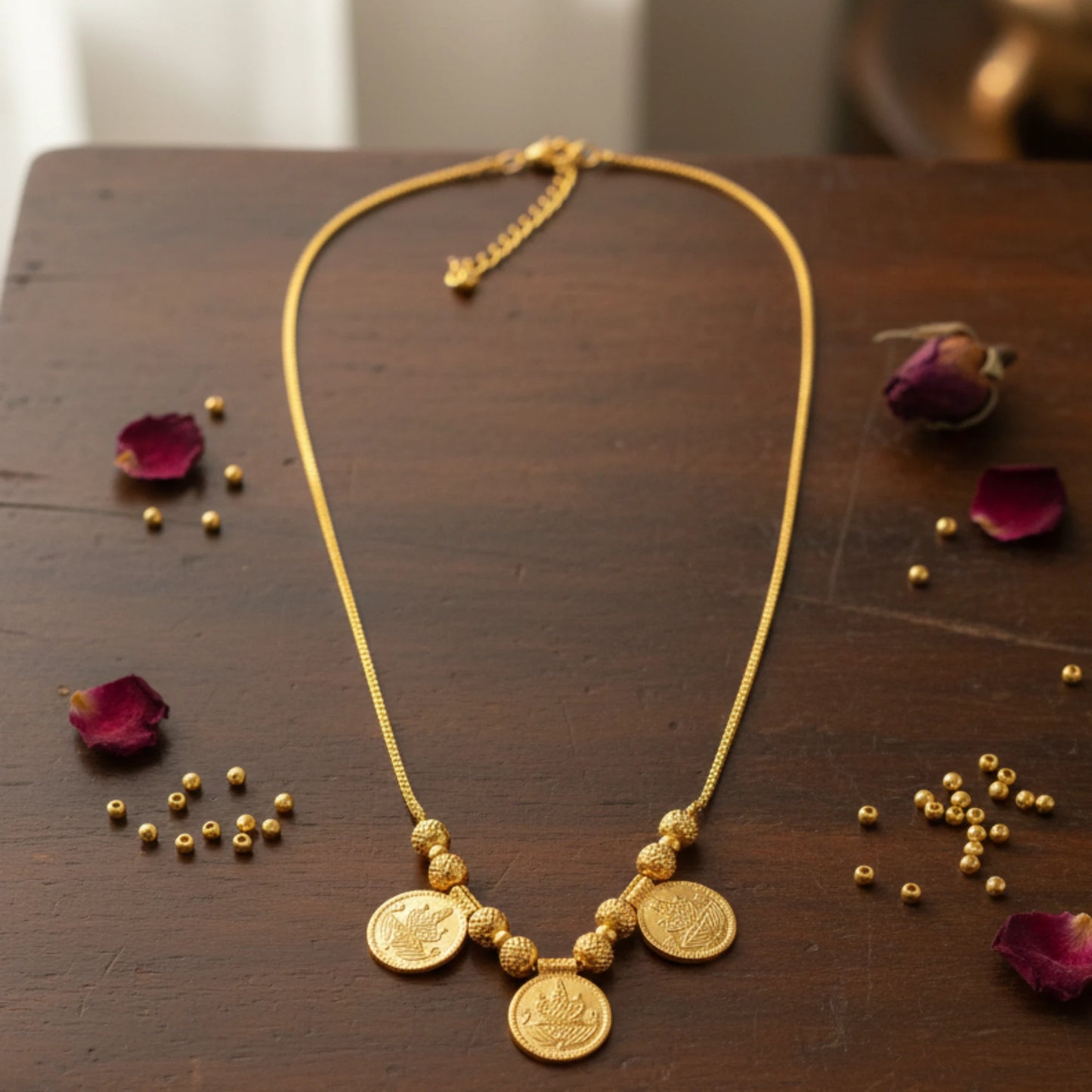 Gold Plated Tiny Lakshmi coin necklace displayed on a table with pearls and dried flowers