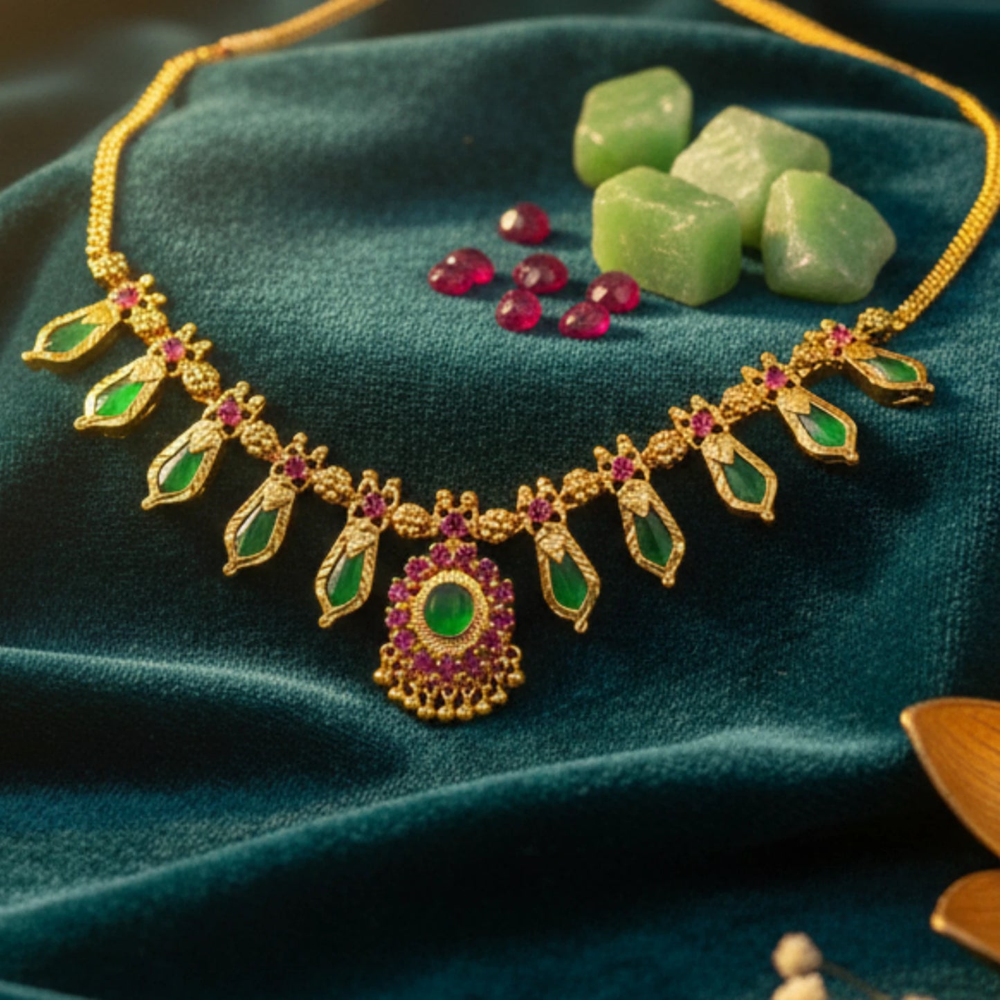 Gold plated Nagapadam necklace with green and red gemstones on a teal fabric background