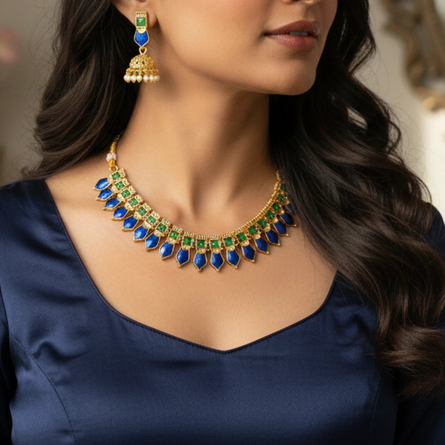 Woman wearing a antique gold finish necklace with blue and green stones and matching earrings.