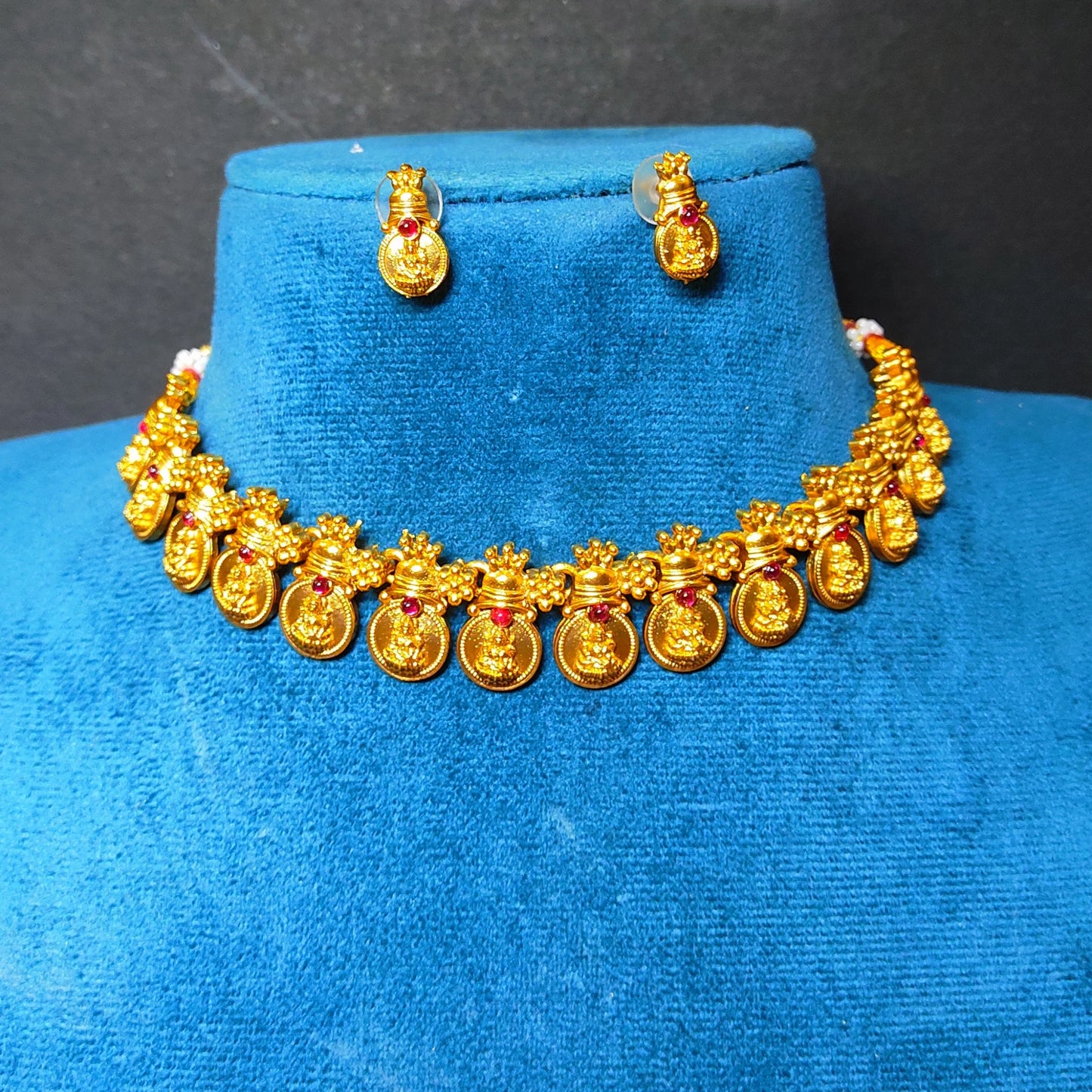 Antique Gold Finish Palakka Choker Set with Lakshmi Coin Pendants - Festive Jewelry