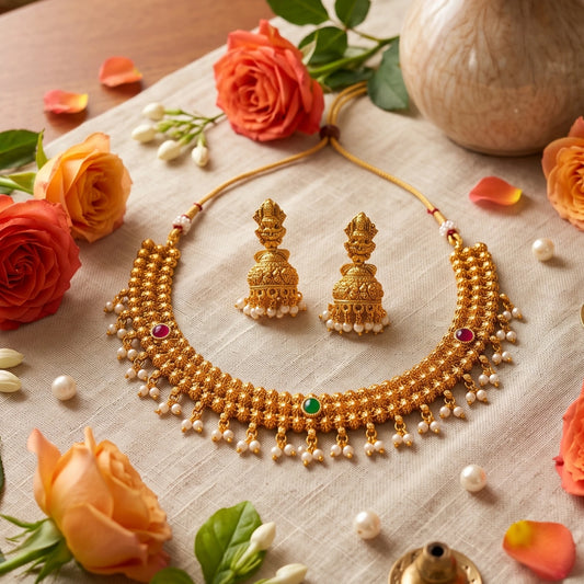 Gold-toned traditional beaded necklace and matching earrings with pearl-like drops and small red and green stone accents, arranged on a beige fabric surface with roses and decorative props around it.