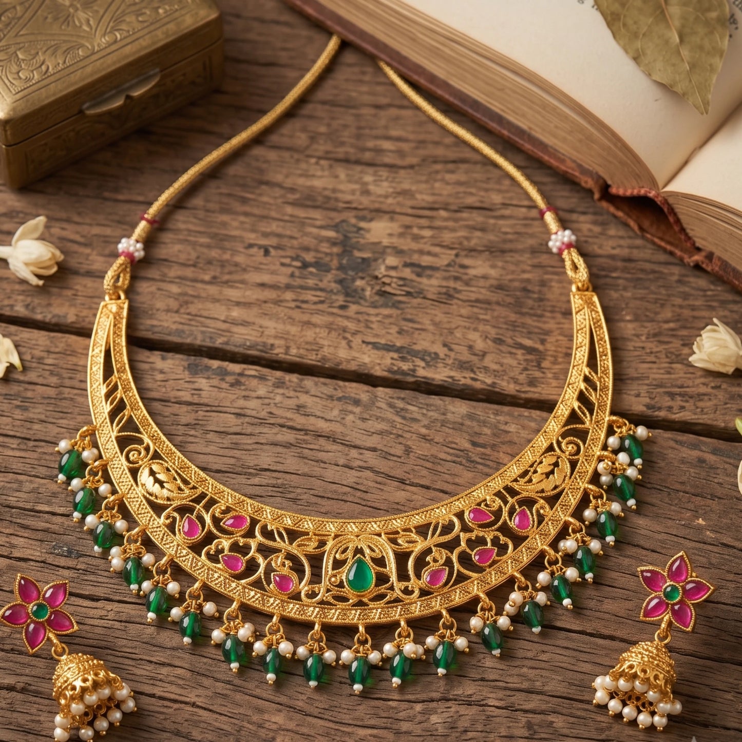 Antique gold plated crescent Hasli choker necklace set with intricate openwork, green bead drops, pink stone accents, and matching flower-shaped jhumka earrings