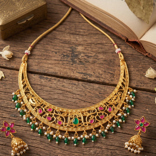 Antique gold plated crescent Hasli choker necklace set with intricate openwork, green bead drops, pink stone accents, and matching flower-shaped jhumka earrings