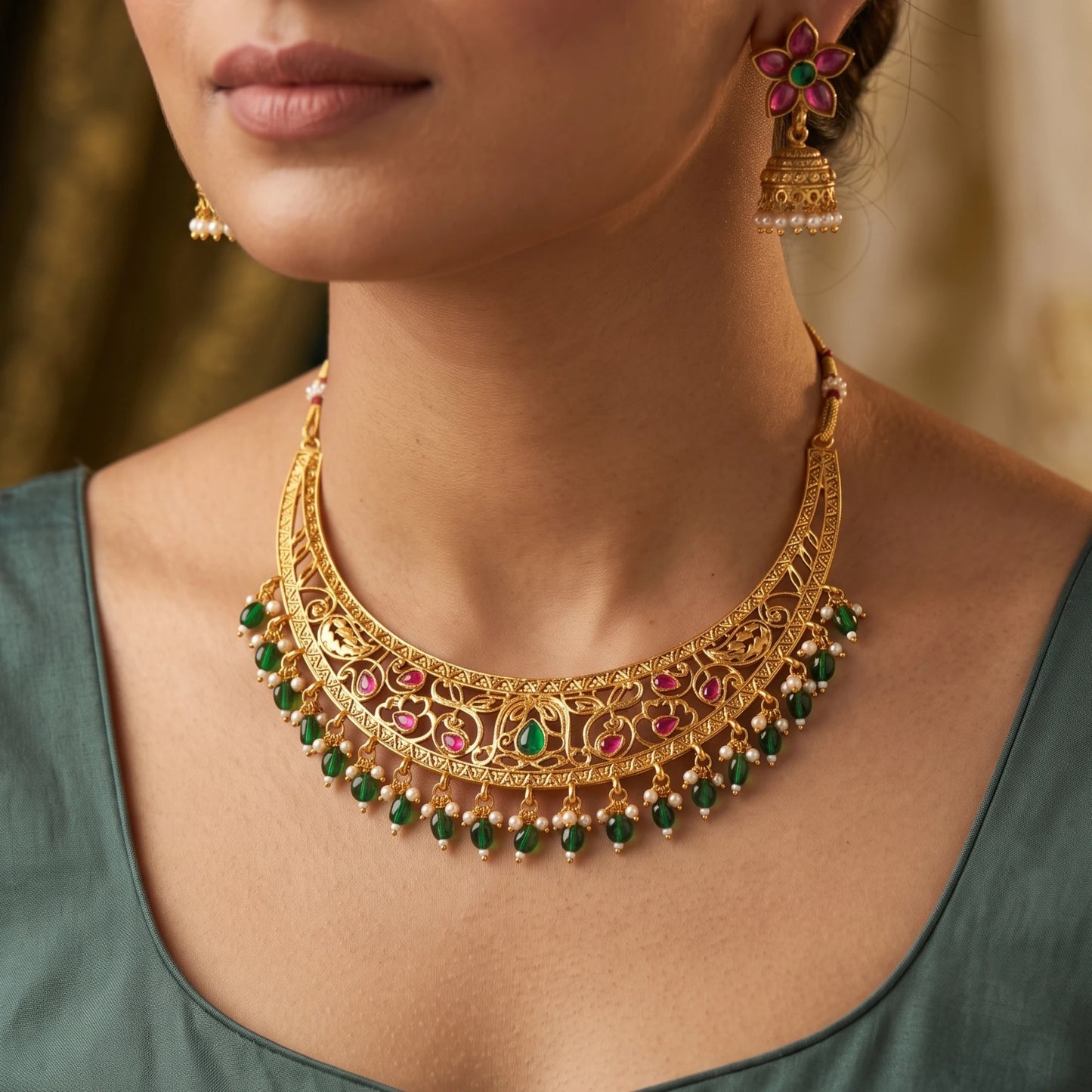 Antique gold plated crescent Hasli choker necklace set with intricate openwork, green bead drops, pink stone accents, and matching flower-shaped jhumka earrings.