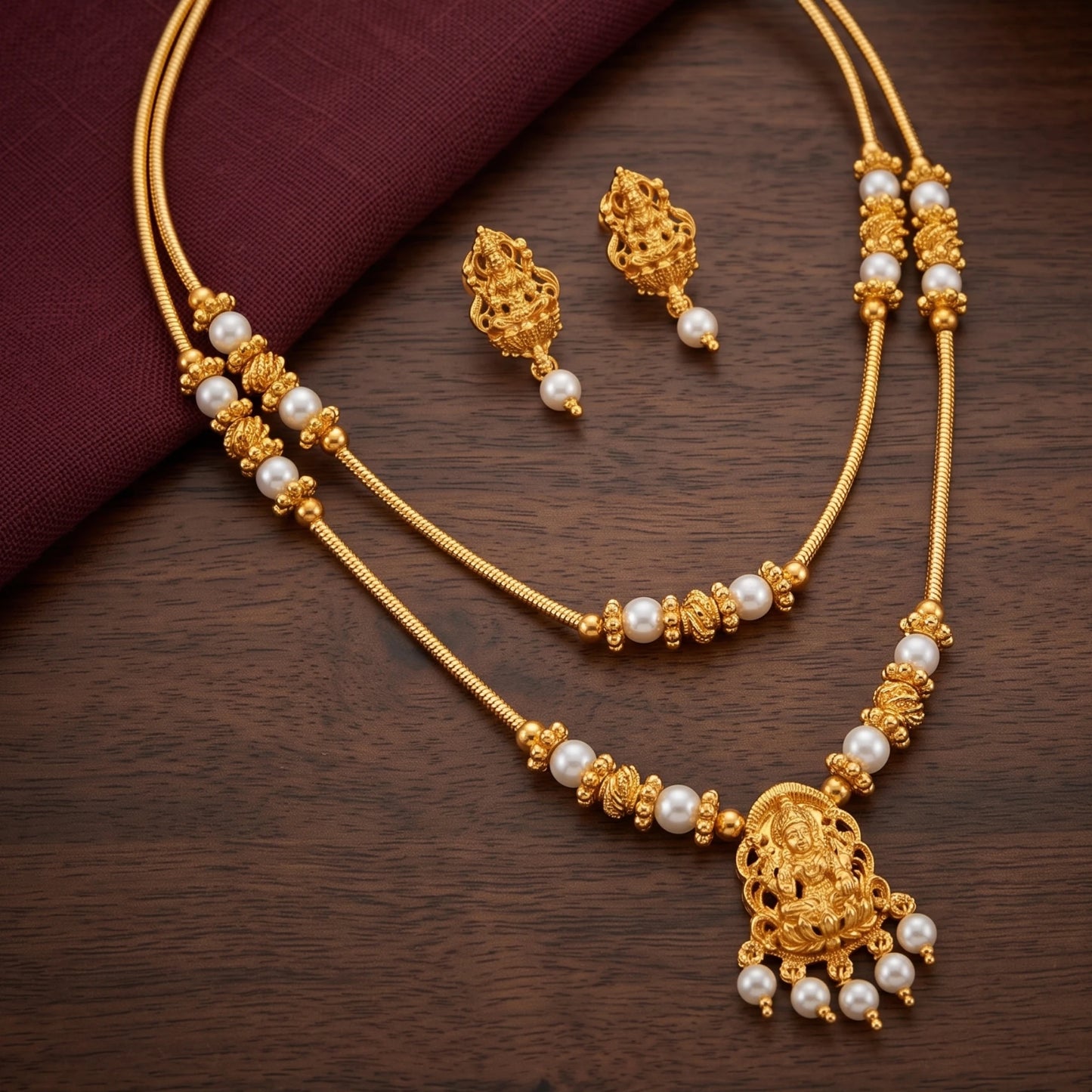 traditional gold-plated double-layer necklace set with a Goddess Laxmi pendant and white pearls displayed on a teakwood table, including matching Laxmi drop earrings.