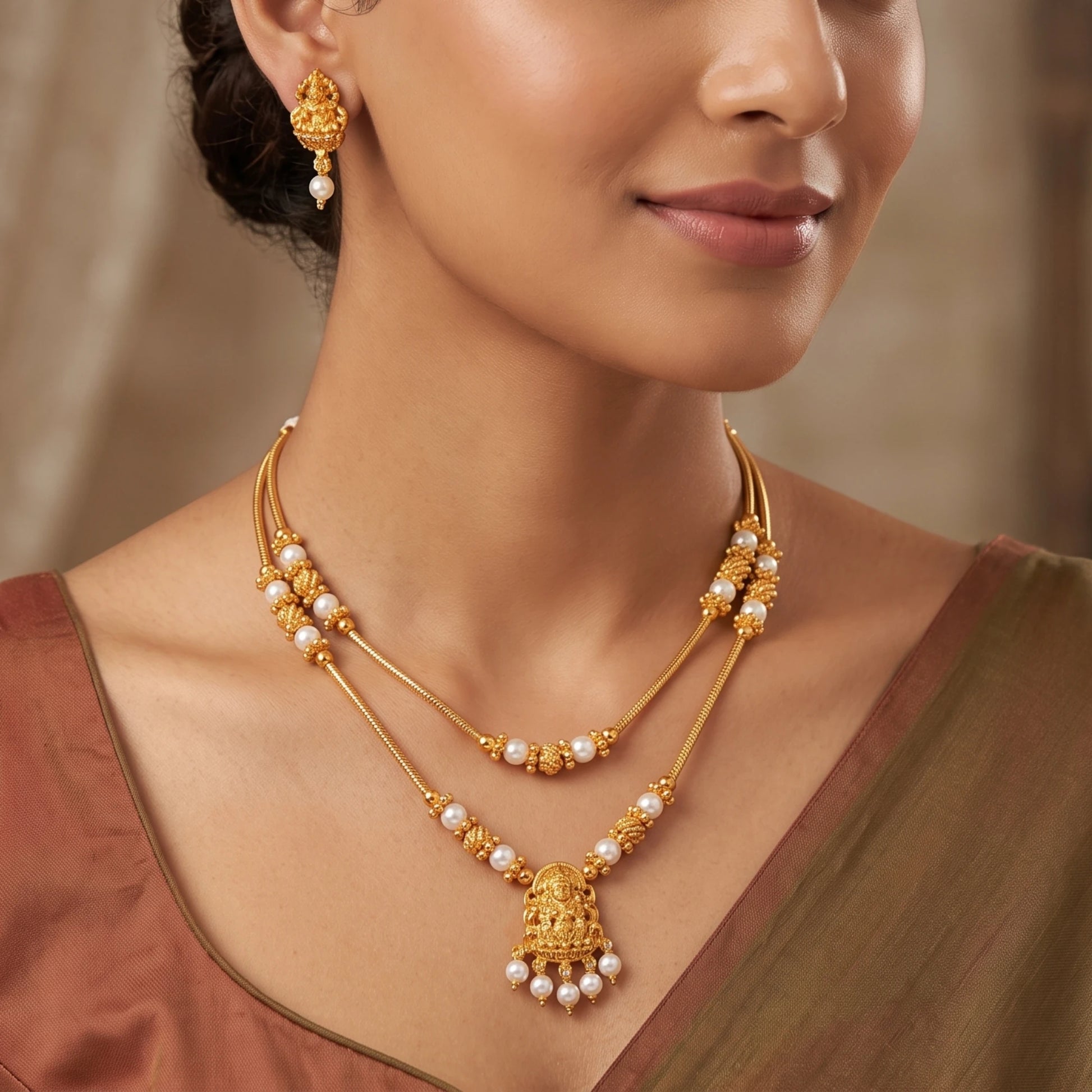Model wearing a traditional gold-plated double-layer necklace set with a Goddess Laxmi pendant and white pearls, including matching Laxmi drop earrings.
