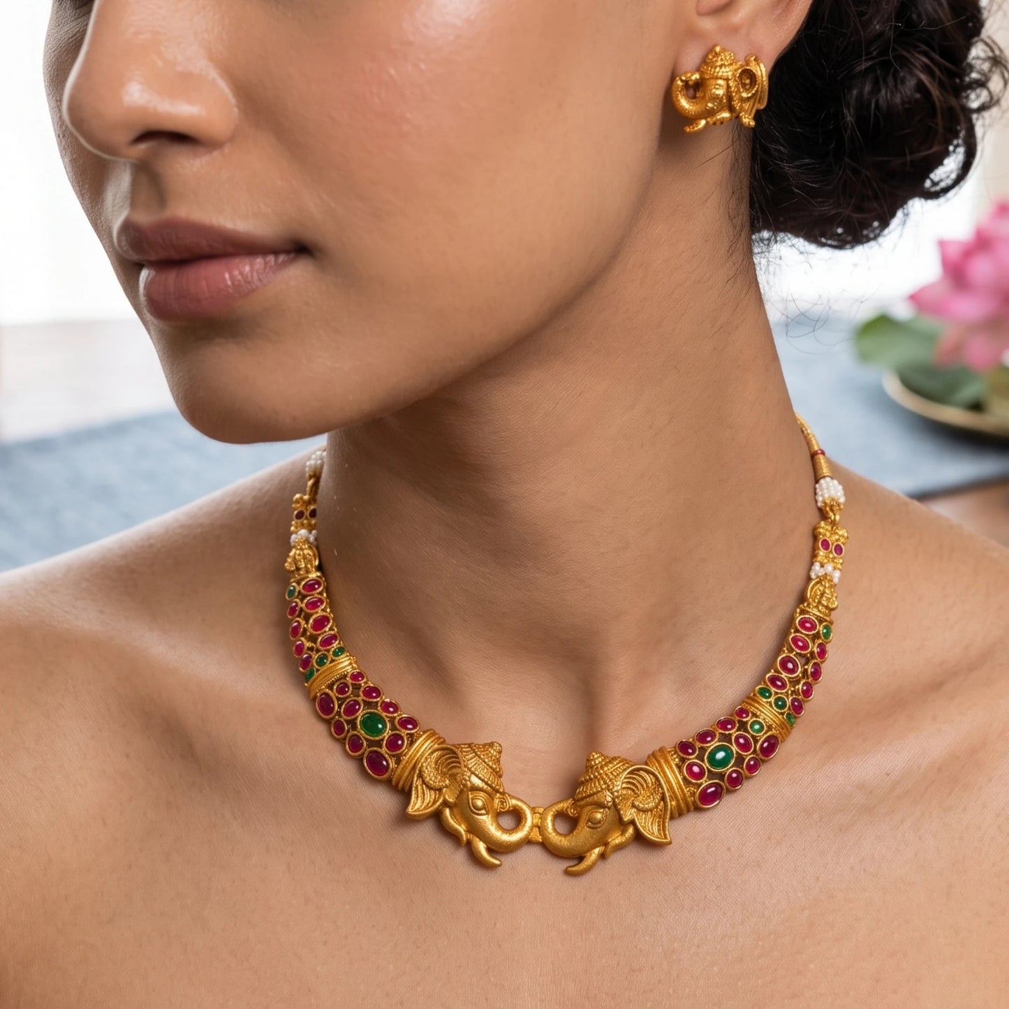 A close-up lifestyle shot of a model wearing a gold-toned Ganesha necklace and matching Ganesha earrings. The necklace features detailed Ganesha/elephant/gajah figures and is embellished with red and green stones, set against a softly blurred background.