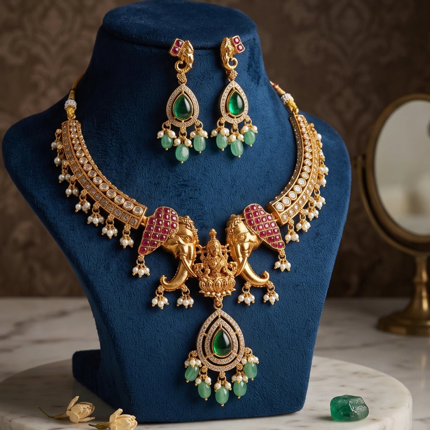 Antique Gold Finish Indian jewelry set featuring a necklace which has Goddess Lakshmi flanked with twin elephants and matching earrings with green emerald-cut stones, white pearl-like beads, and red inlay, displayed on a dark blue velvet stand.