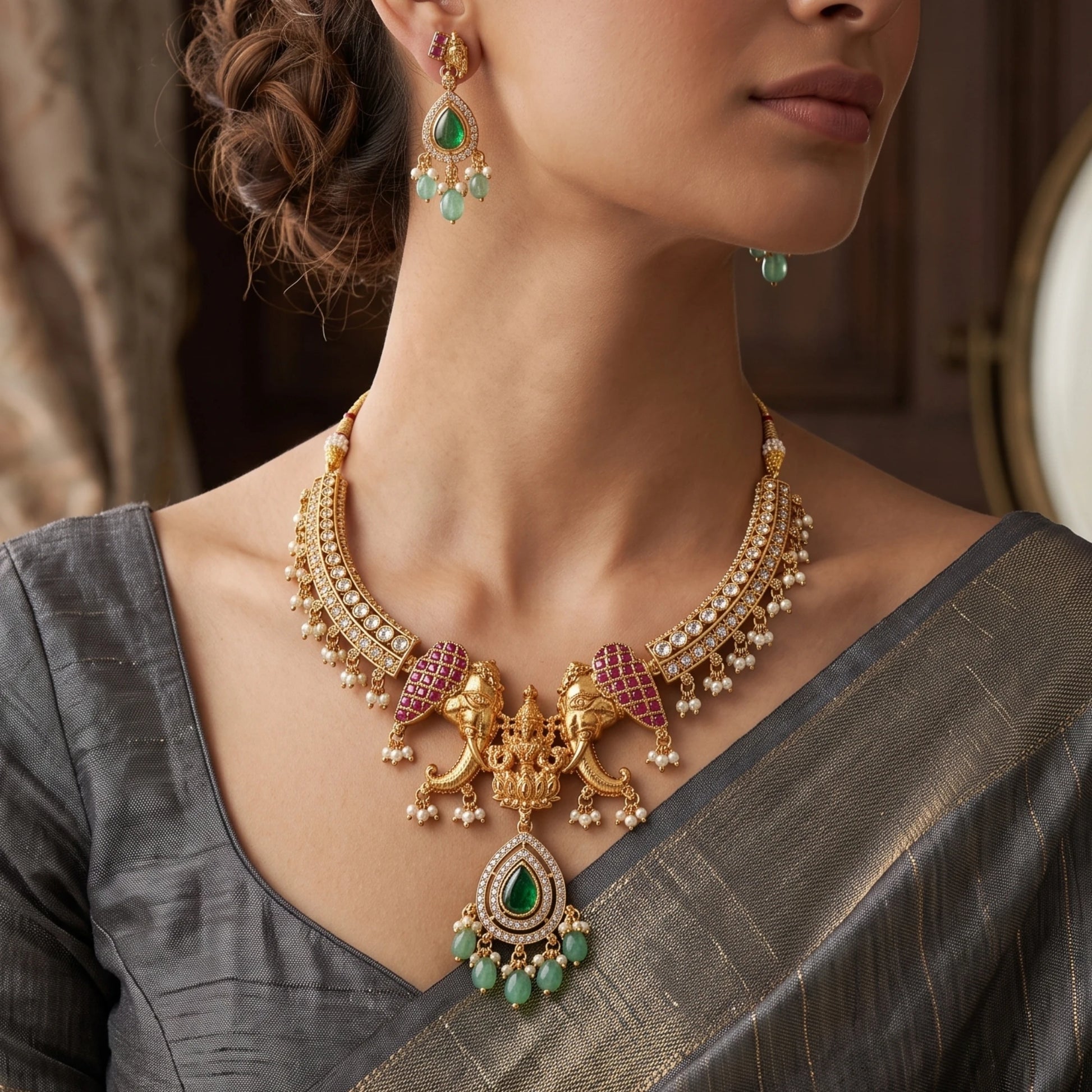 A close-up of a woman wearing an Antique gold finish ornate gold-toned traditional necklace with Goddess Lakshmi flanked with elephant motifs, green teardrop stones, and pink stone accents, along with matching earrings.