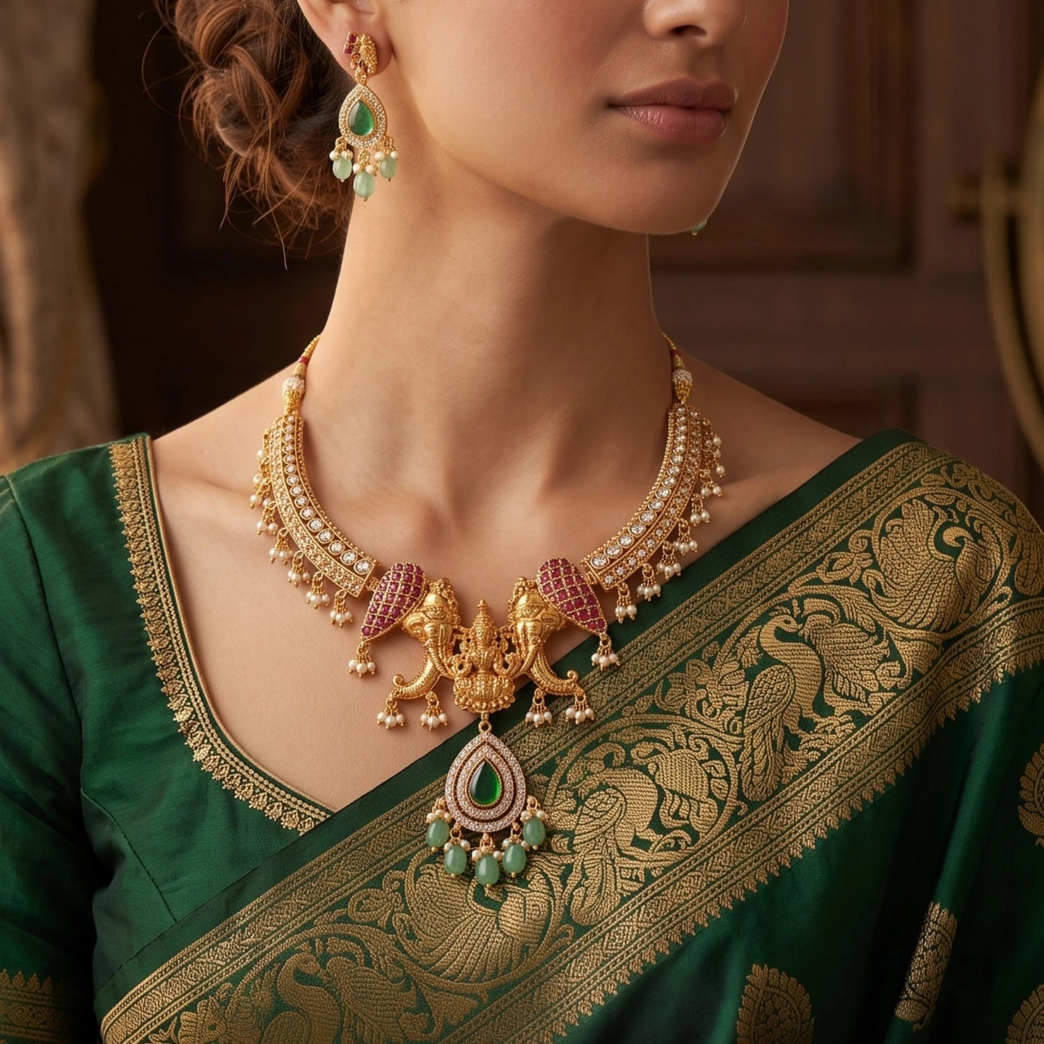 A close-up of a woman wearing an ornate gold-toned traditional necklace which has Goddess Lakshmi flanked with twin elephants with green and pink stone accents, matching dangling earrings, and a dark green embroidered blouse.