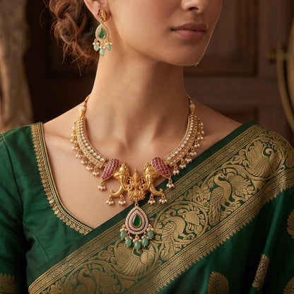 A close-up of a woman wearing an ornate gold-toned traditional necklace which has Goddess Lakshmi flanked with twin elephants with green and pink stone accents, matching dangling earrings, and a dark green embroidered blouse.