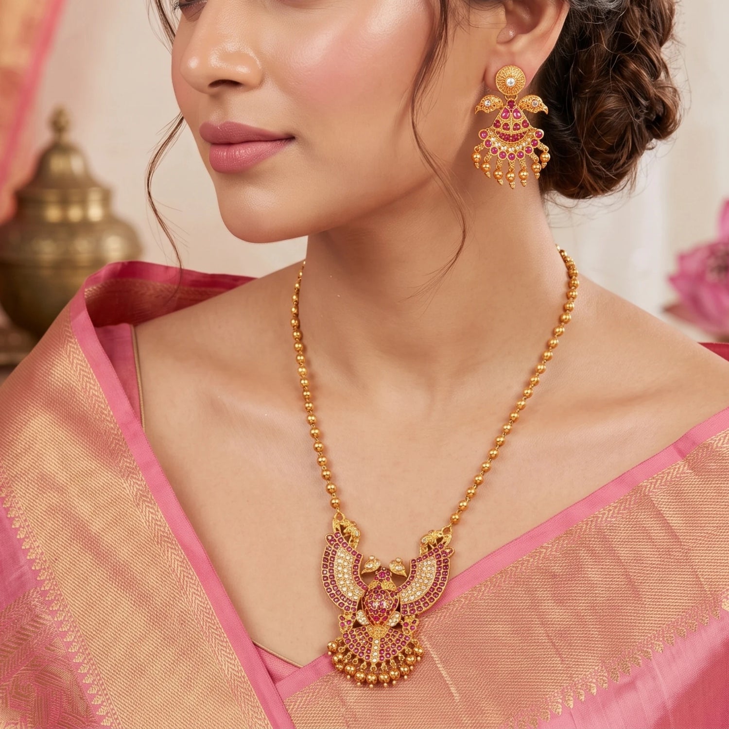 A traditional South Indian Gandaberunda temple jewelry set featuring a matte antique gold toned pendant necklace and matching earrings. The intricate pendant depicts the mythical royal two-headed bird adorned with radiant ruby-red kemp stones and delicate dangling gold toned beads, suspended from a gold toned bead chain.
