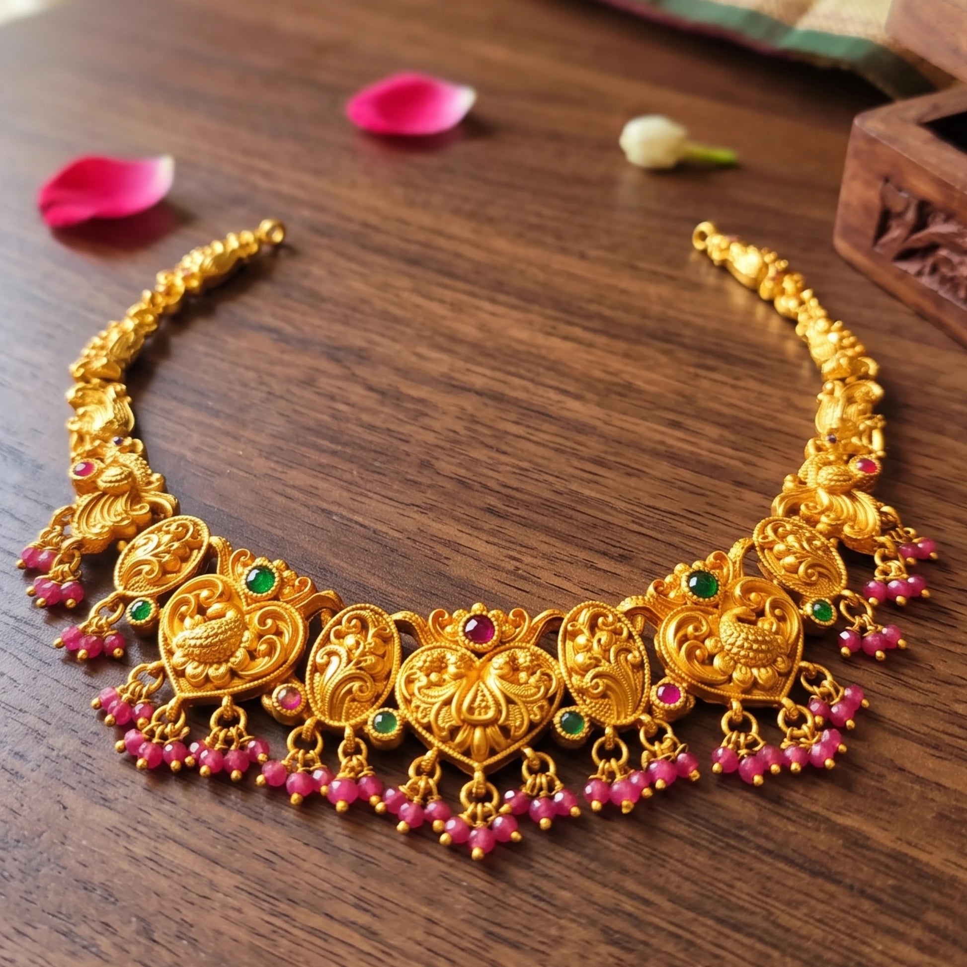 A traditional South Indian Guttapusalu-style short choker necklace and matching drop earrings in a matte antique gold finish on a table shot