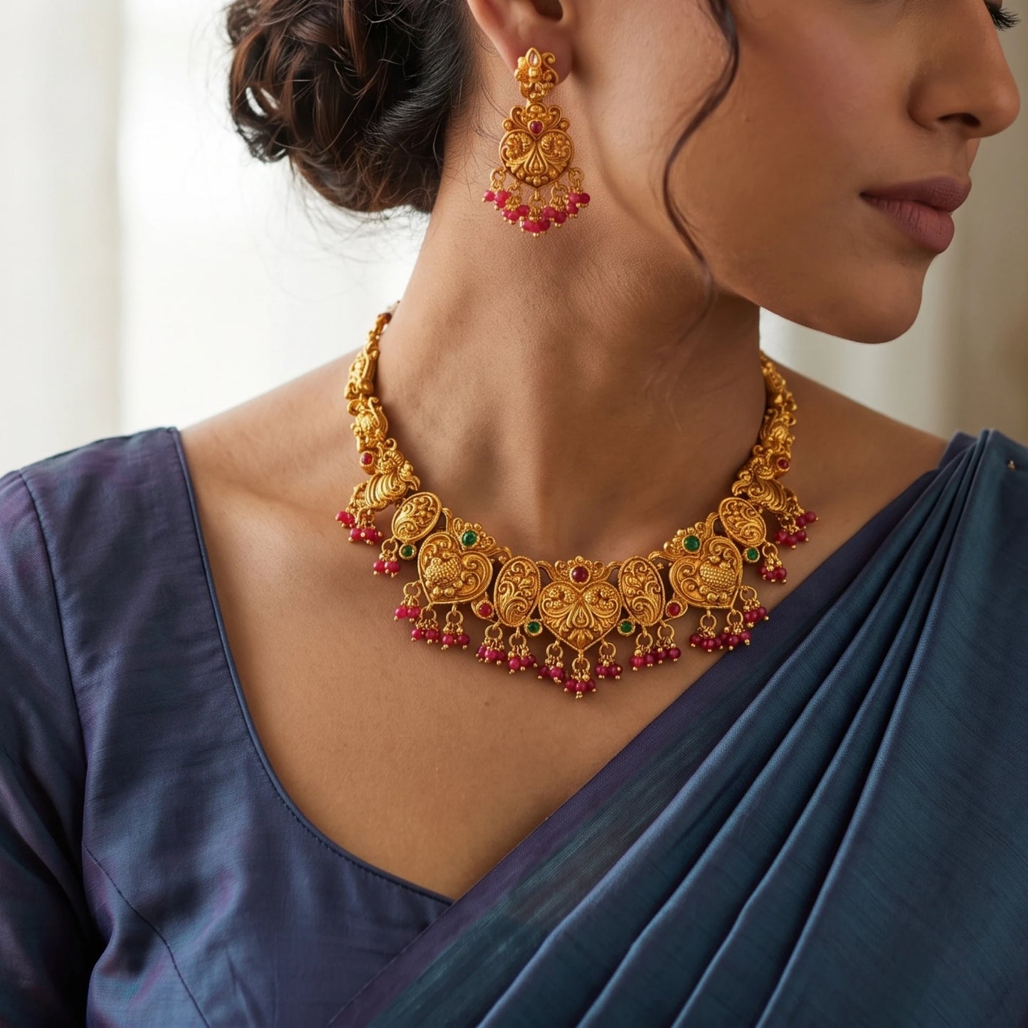 A model wearing A traditional South Indian Guttapusalu-style short choker necklace and matching drop earrings in a matte antique gold finish