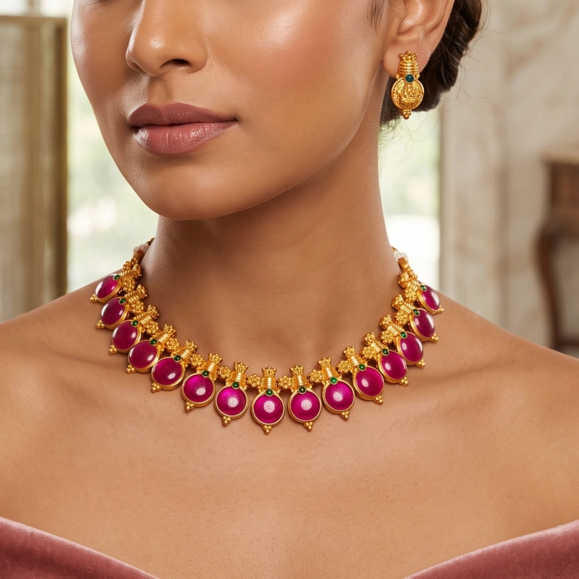 A close-up of a woman wearing a Antique gold-toned traditional necklace with large pinkish-red oval enamel coated pendants and matching drop earrings, shown against a softly blurred indoor background.