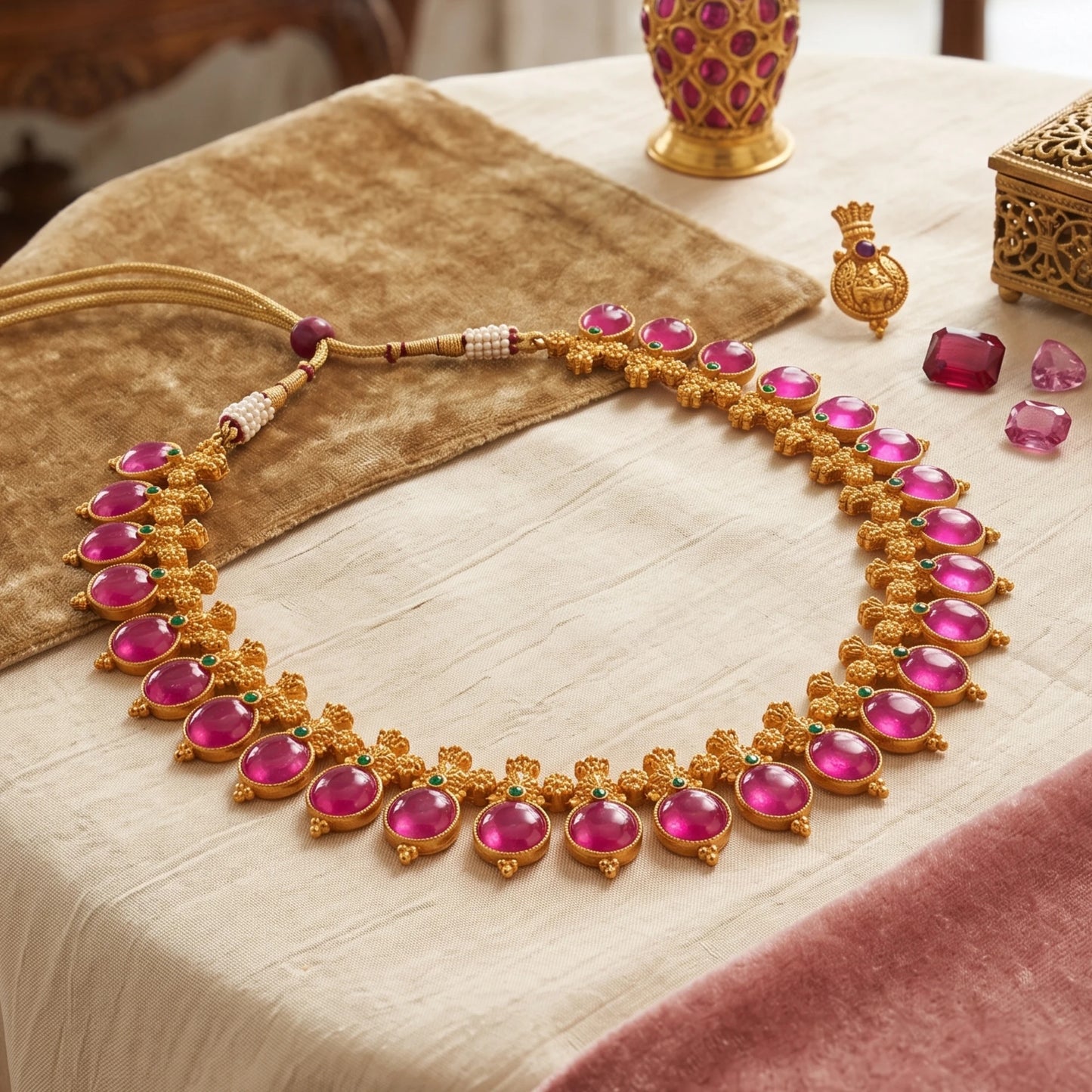 An ornate Antique gold-toned traditional necklace with large pink enamel coated pendants, displayed on a draped cream fabric surface with decorative jewelry props in the background.