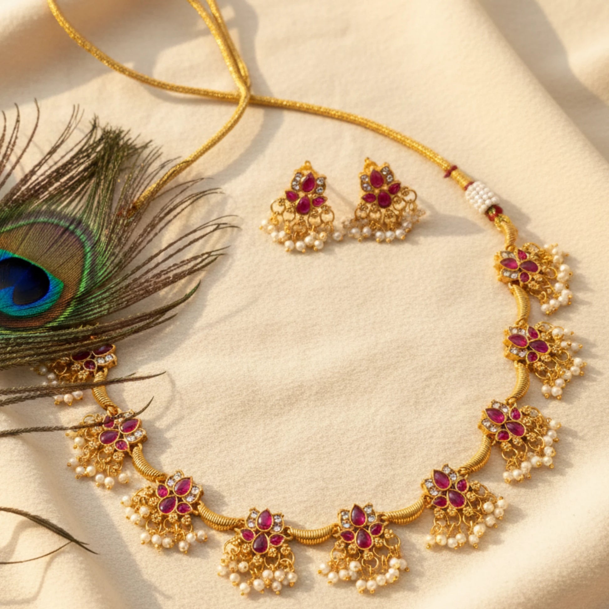 Antique Gold Finish Choker necklace with red kemp stones and pearl-like beads, accompanied by earrings and a peacock feather on a beige surface.