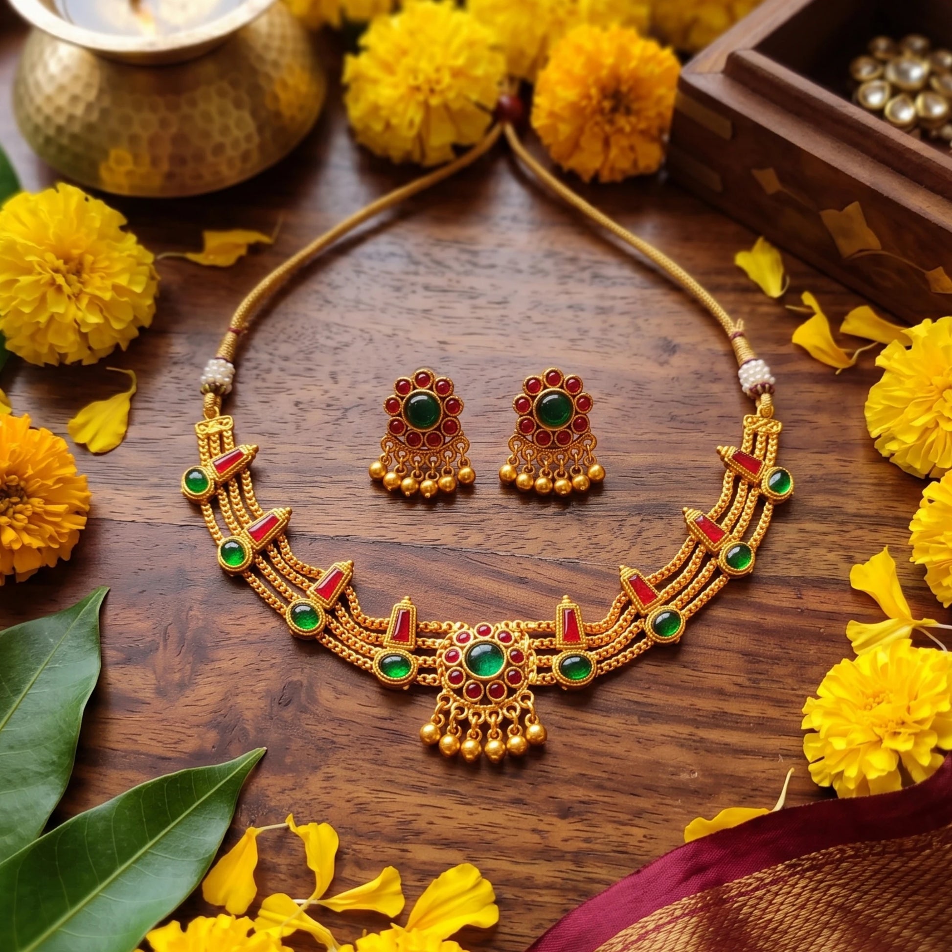 A traditional South Indian multi-strand choker necklace and matching stud earrings in a matte antique gold finish, displayed on a table with flowers on a brown teak background. The necklace features triple-layered delicate gold chains accented with alternating green and red kemp stones, centered around a circular floral medallion with dangling gold beads.