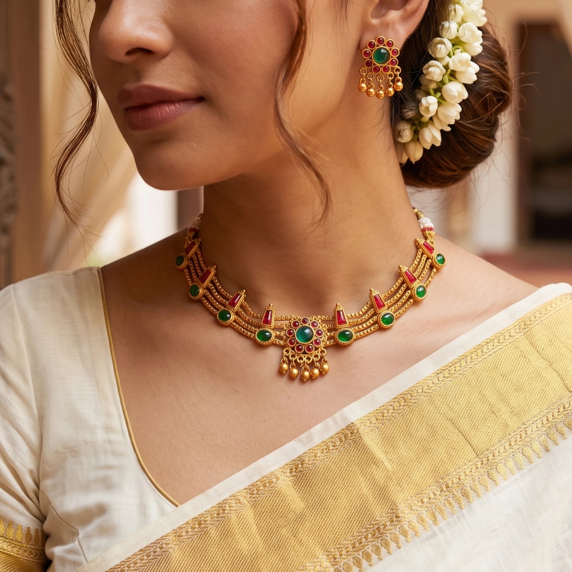 A traditional South Indian multi-strand choker necklace and matching stud earrings in a matte antique gold finish, displayed on model. The necklace features triple-layered delicate gold chains accented with alternating green and red kemp stones, centered around a circular floral medallion with dangling gold beads.