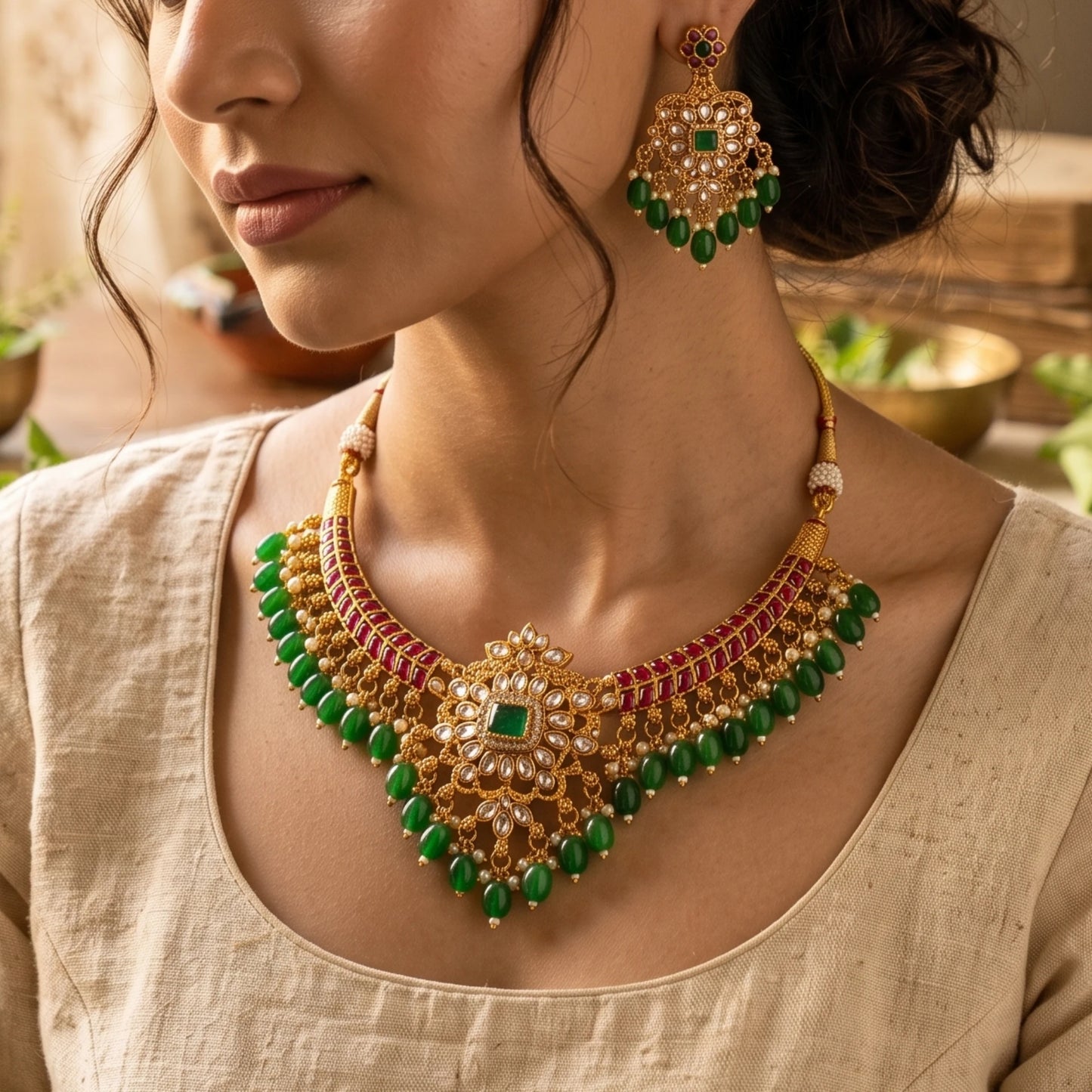A close-up lifestyle shot of a woman wearing an ornate gold-toned kundan necklace and matching earrings. The jewelry features green emerald-cut stones, red stone accents, and white stone detailing, styled with a beige linen top.