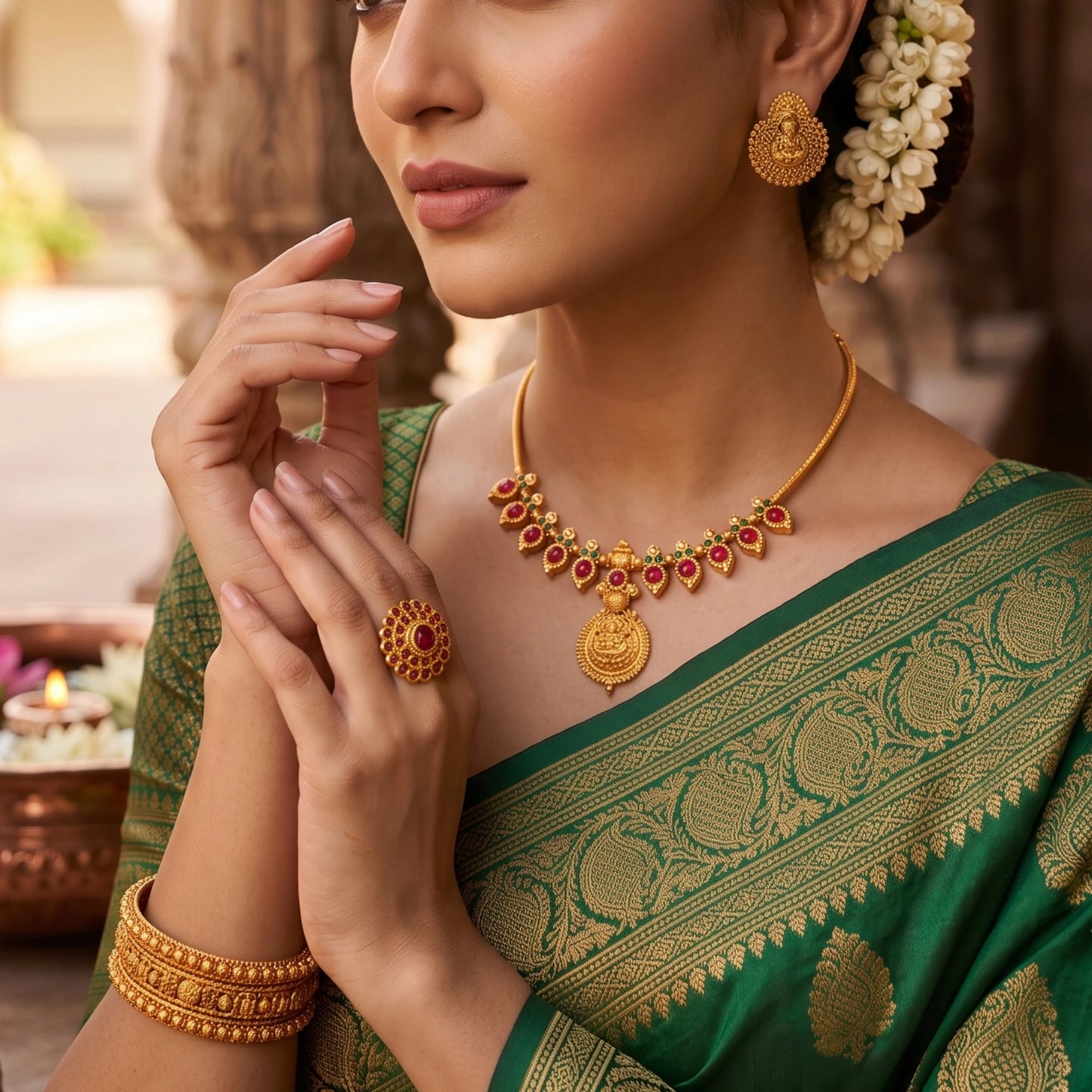model wearing matte antique gold finish Hasli choker necklace featuring alternating pink and green cabochon stones and a central Goddess Lakshmi pendant with matching earrings.
