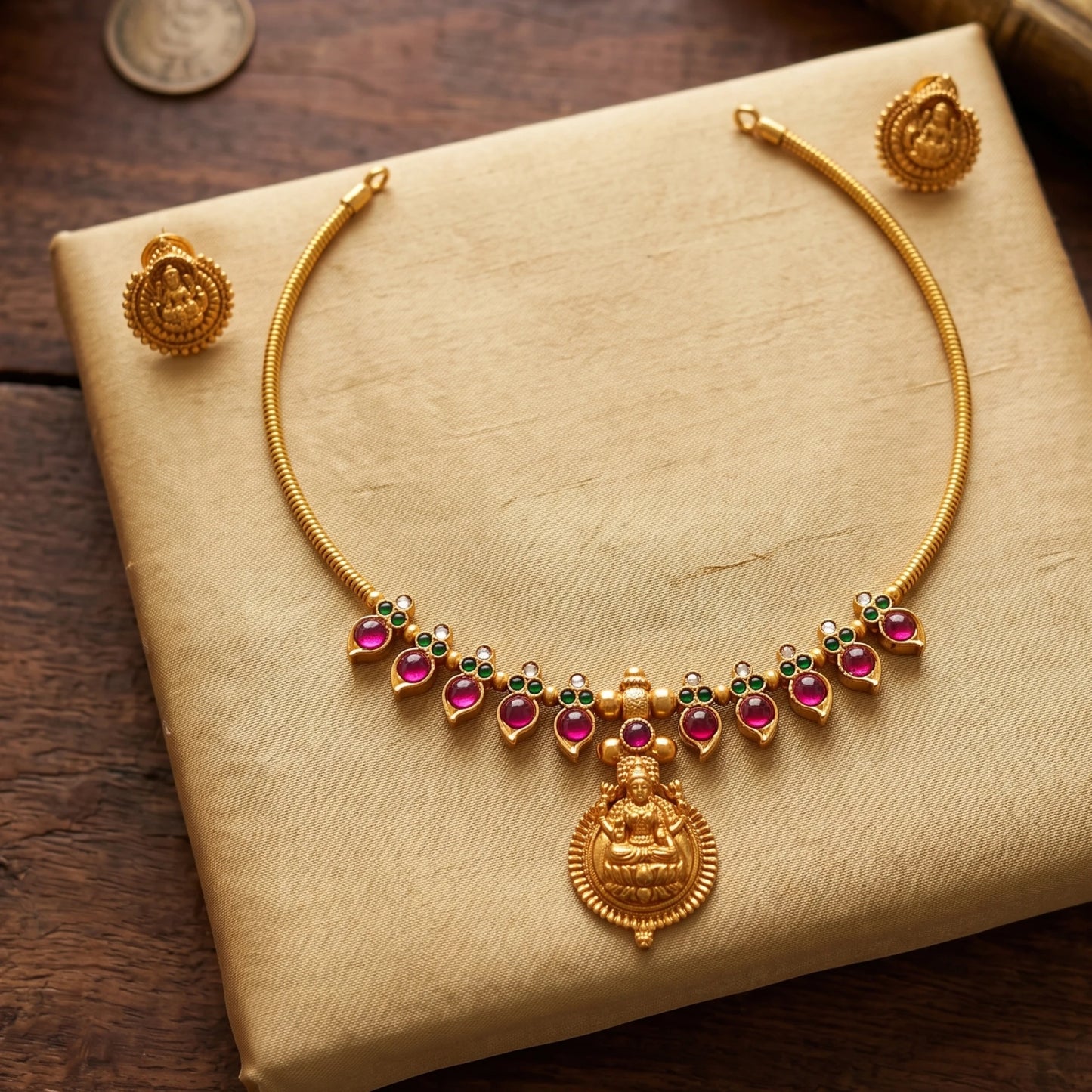 matte antique gold finish Hasli choker necklace featuring alternating pink and green cabochon stones and a central Goddess Lakshmi pendant with matching earrings.
