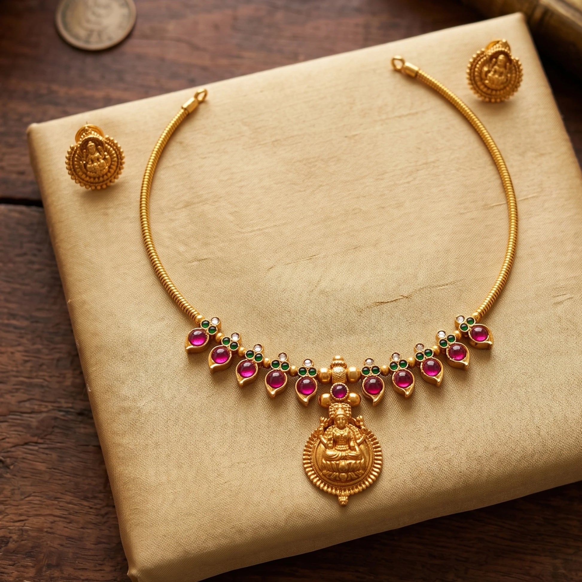 matte antique gold finish Hasli choker necklace featuring alternating pink and green cabochon stones and a central Goddess Lakshmi pendant with matching earrings.