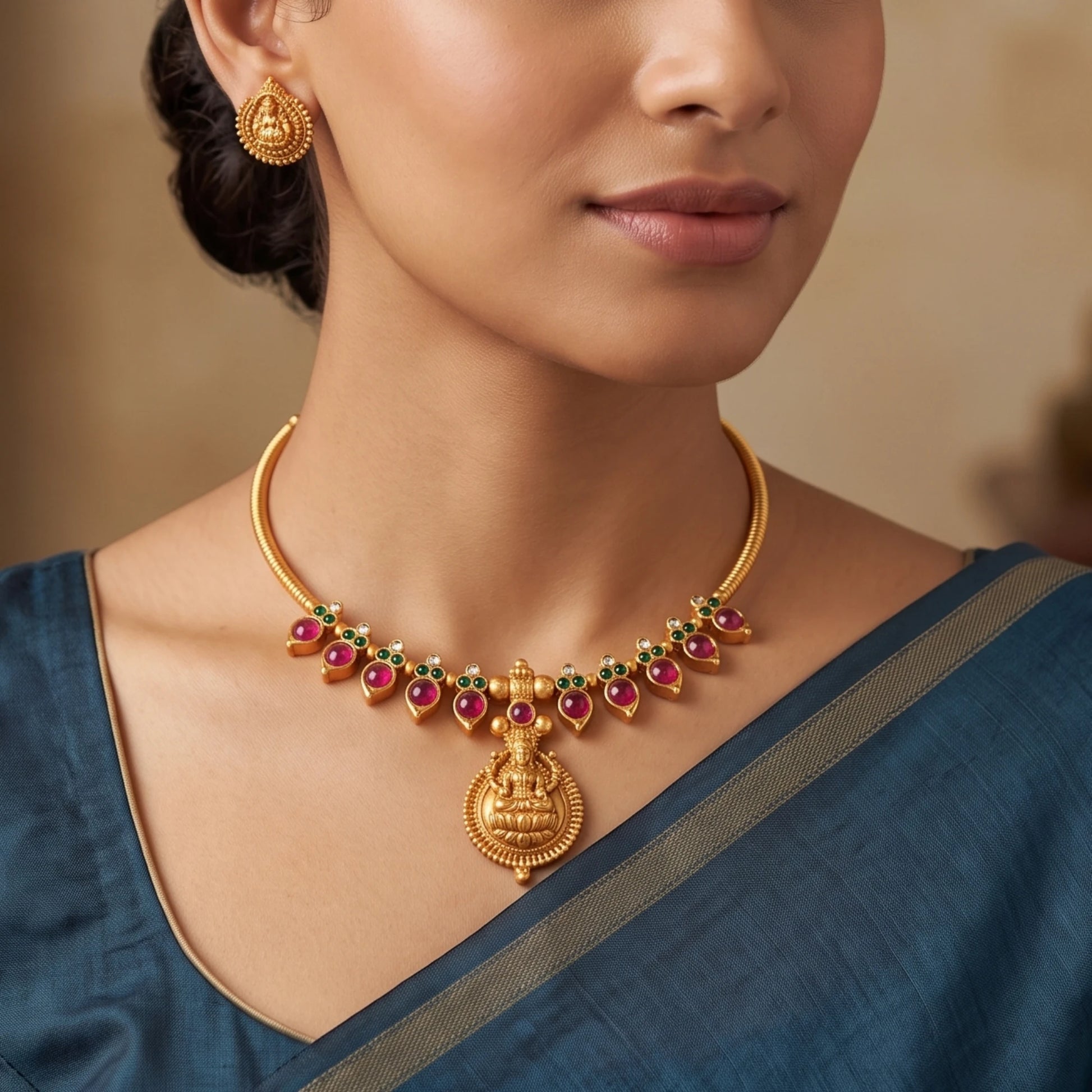 model wearing matte antique gold finish Hasli choker necklace featuring alternating pink and green cabochon stones and a central Goddess Lakshmi pendant with matching earrings.
