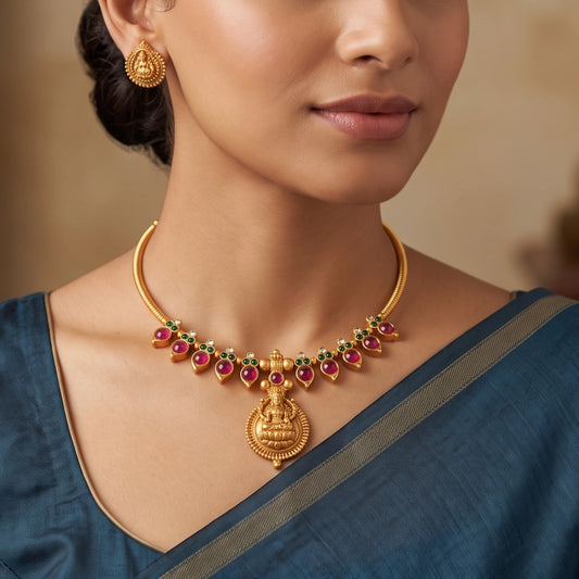 model wearing matte antique gold finish Hasli choker necklace featuring alternating pink and green cabochon stones and a central Goddess Lakshmi pendant with matching earrings.