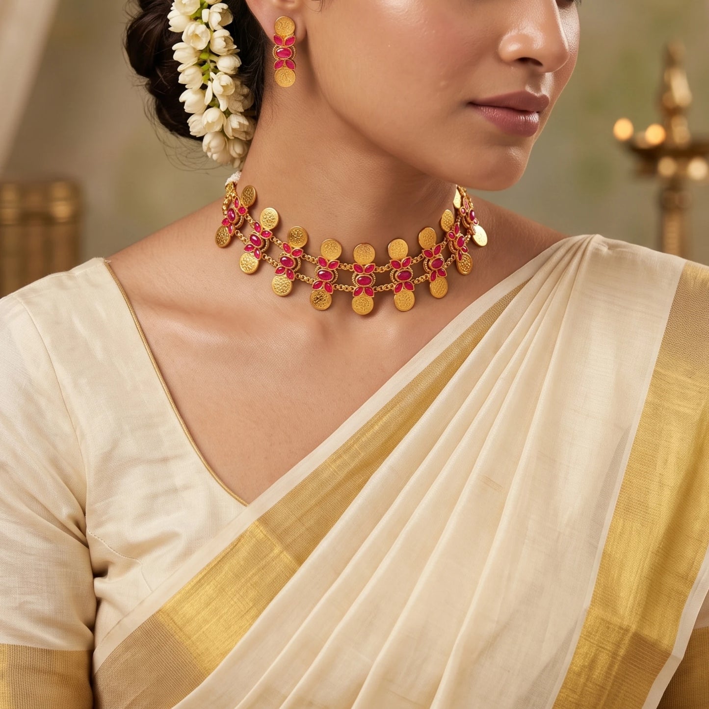 Model wearing a Traditional South Indian matte gold Kasu Mala coin choker necklace with ruby stone accents and matching stud earrings,