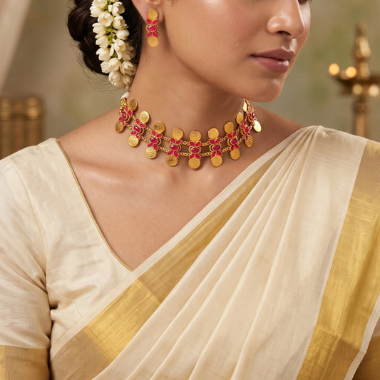Model wearing a Traditional South Indian matte gold Kasu Mala coin choker necklace with ruby stone accents and matching stud earrings,
