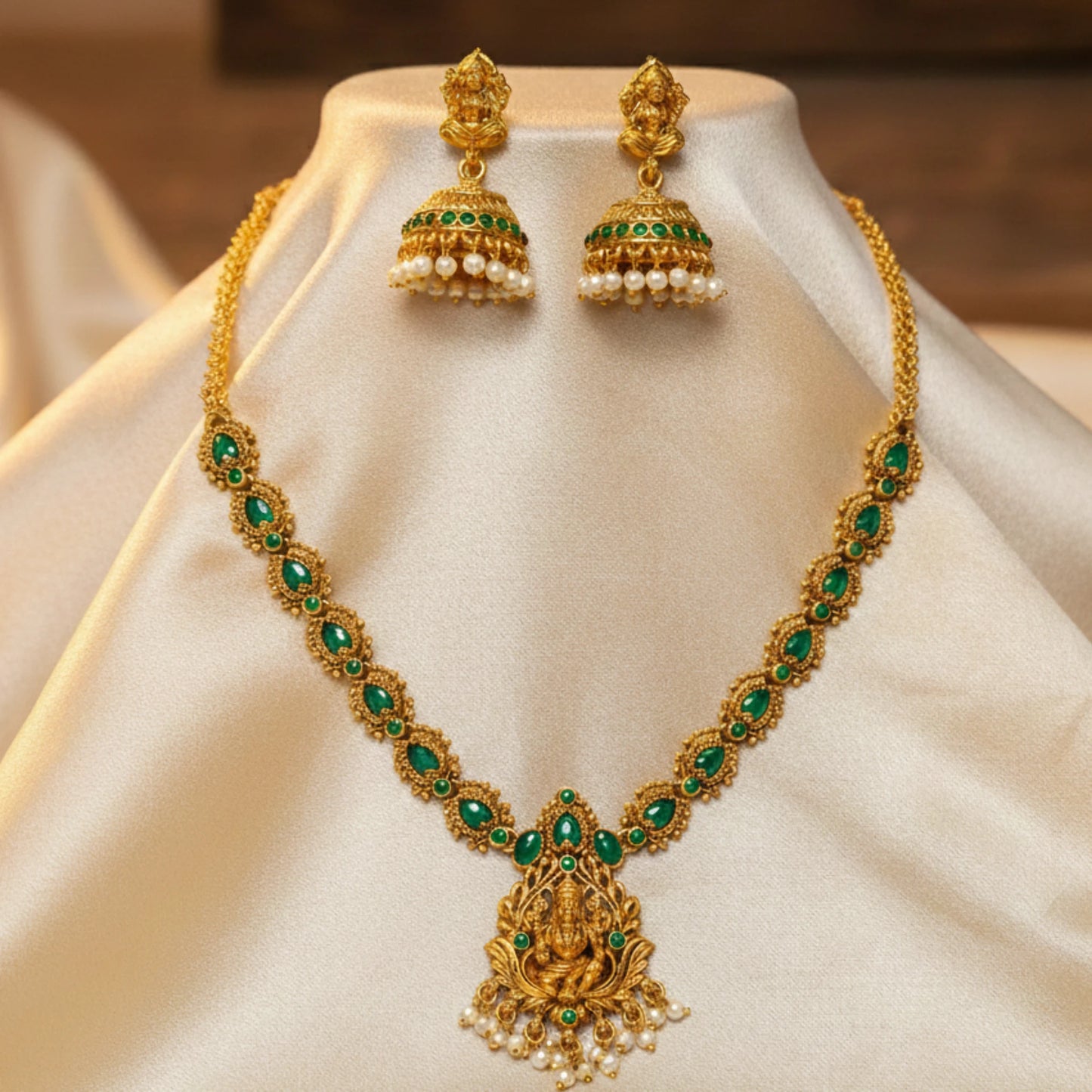 antique gold finish lakshmi pendant necklace with green stones