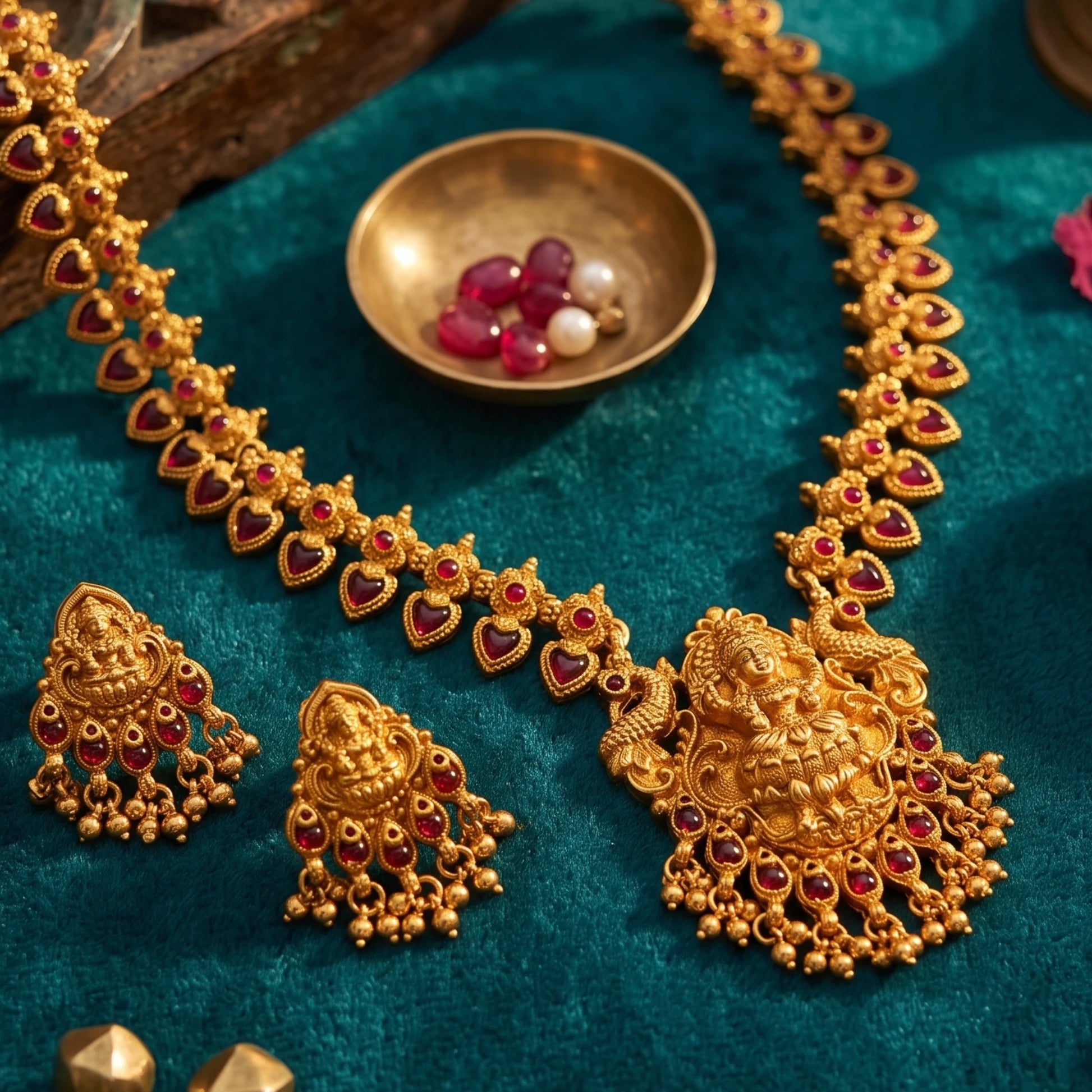 An ornate gold-toned jewelry set displayed on a teal velvet surface, including a necklace with a large deity pendant, matching earrings, and a small gold dish holding pink and white stones.