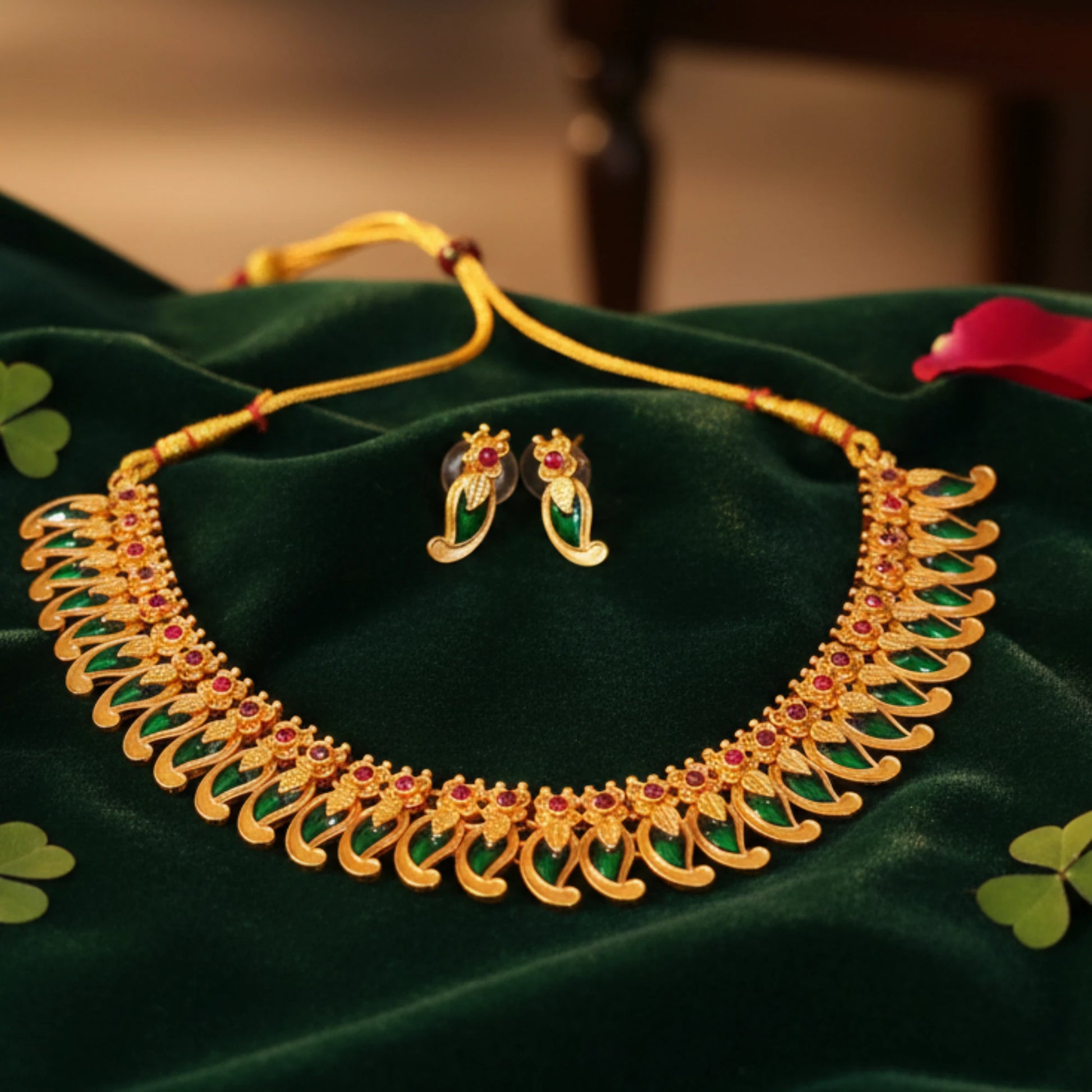 Antique Gold Finish Mango necklace and earrings set on a green fabric background